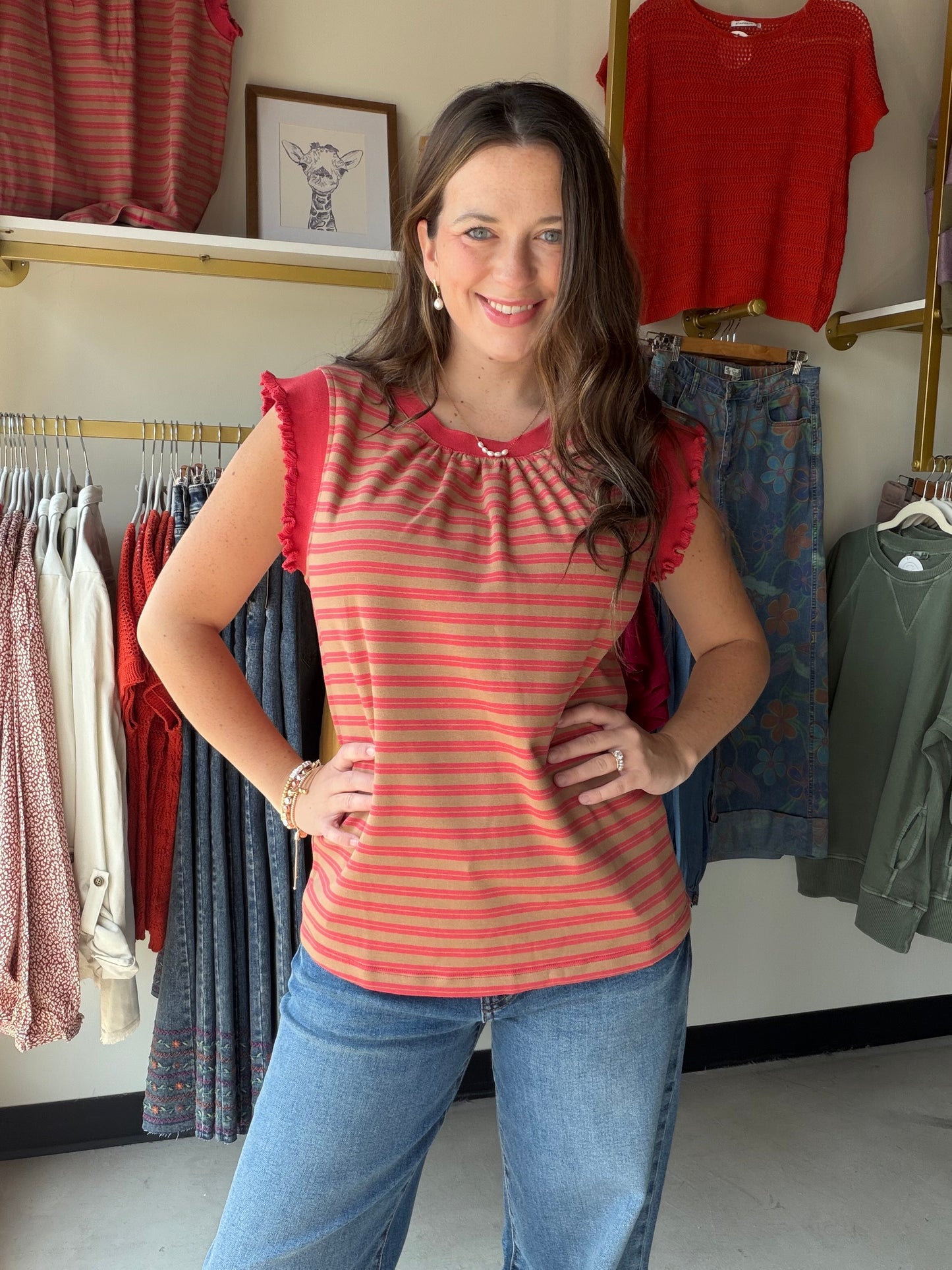 Rust Ruffle Knit Stripe Tank