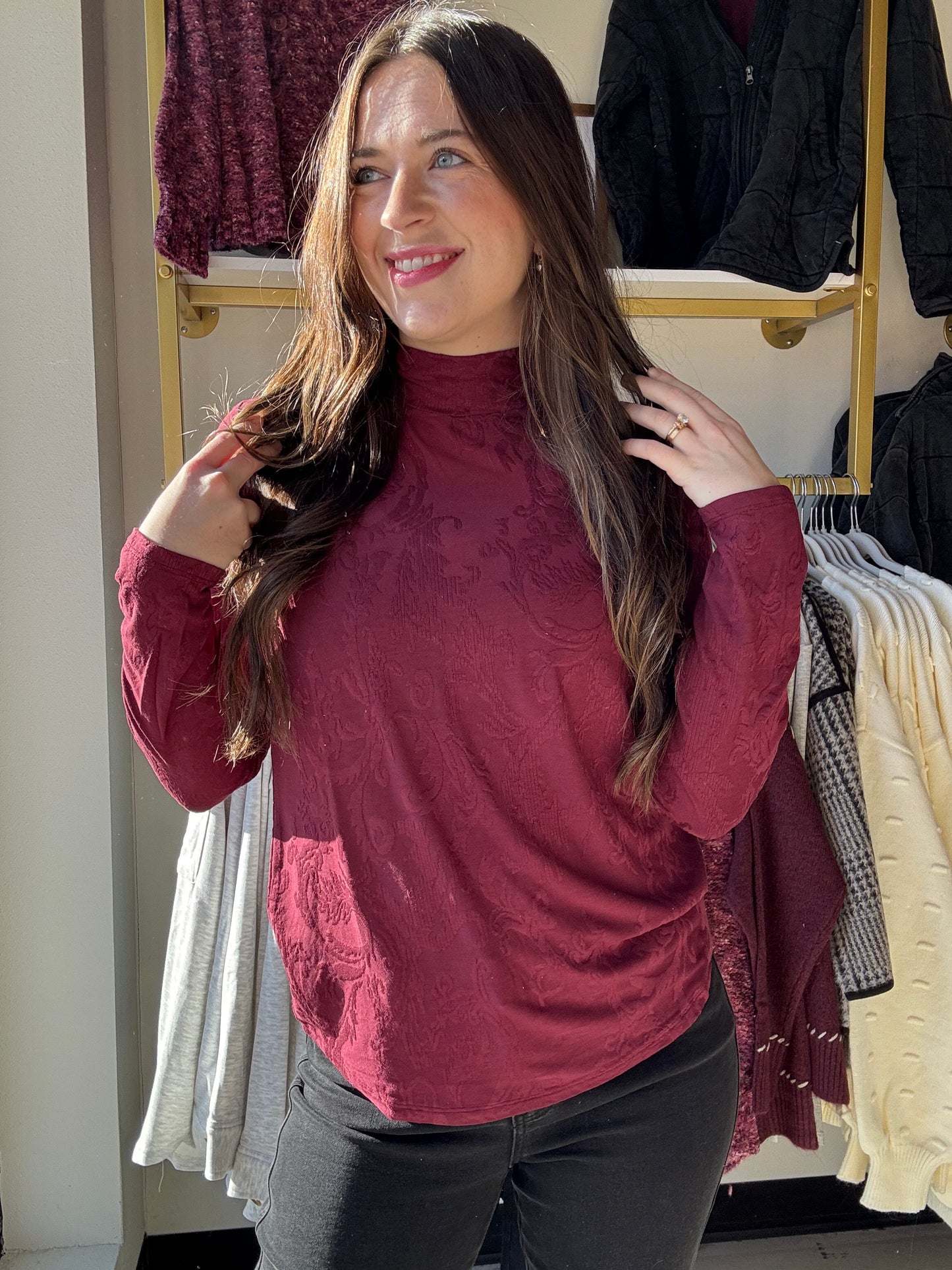 Wine Jacquard Knit Long Sleeve