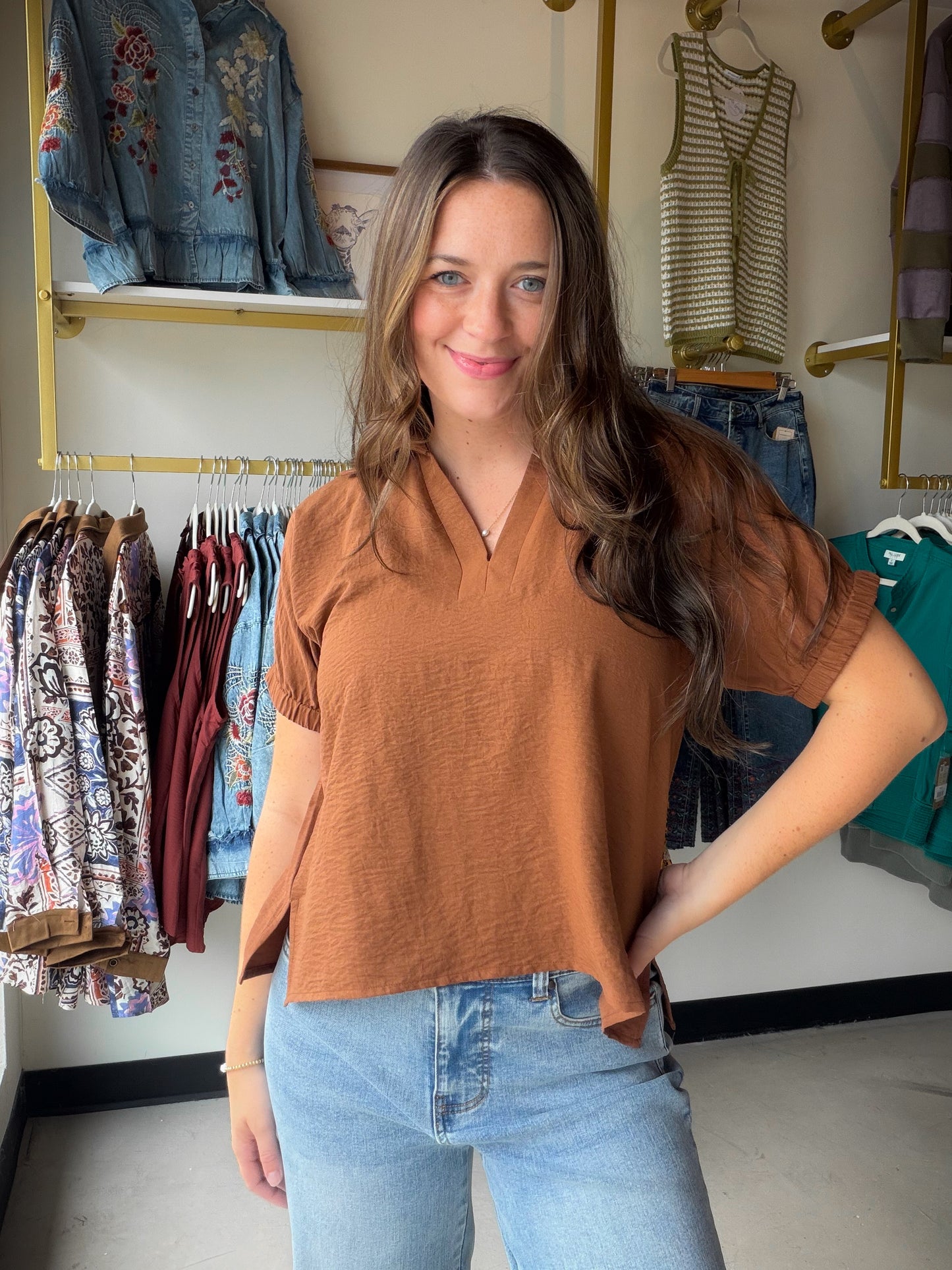 Brown Johnny Collar Blouse