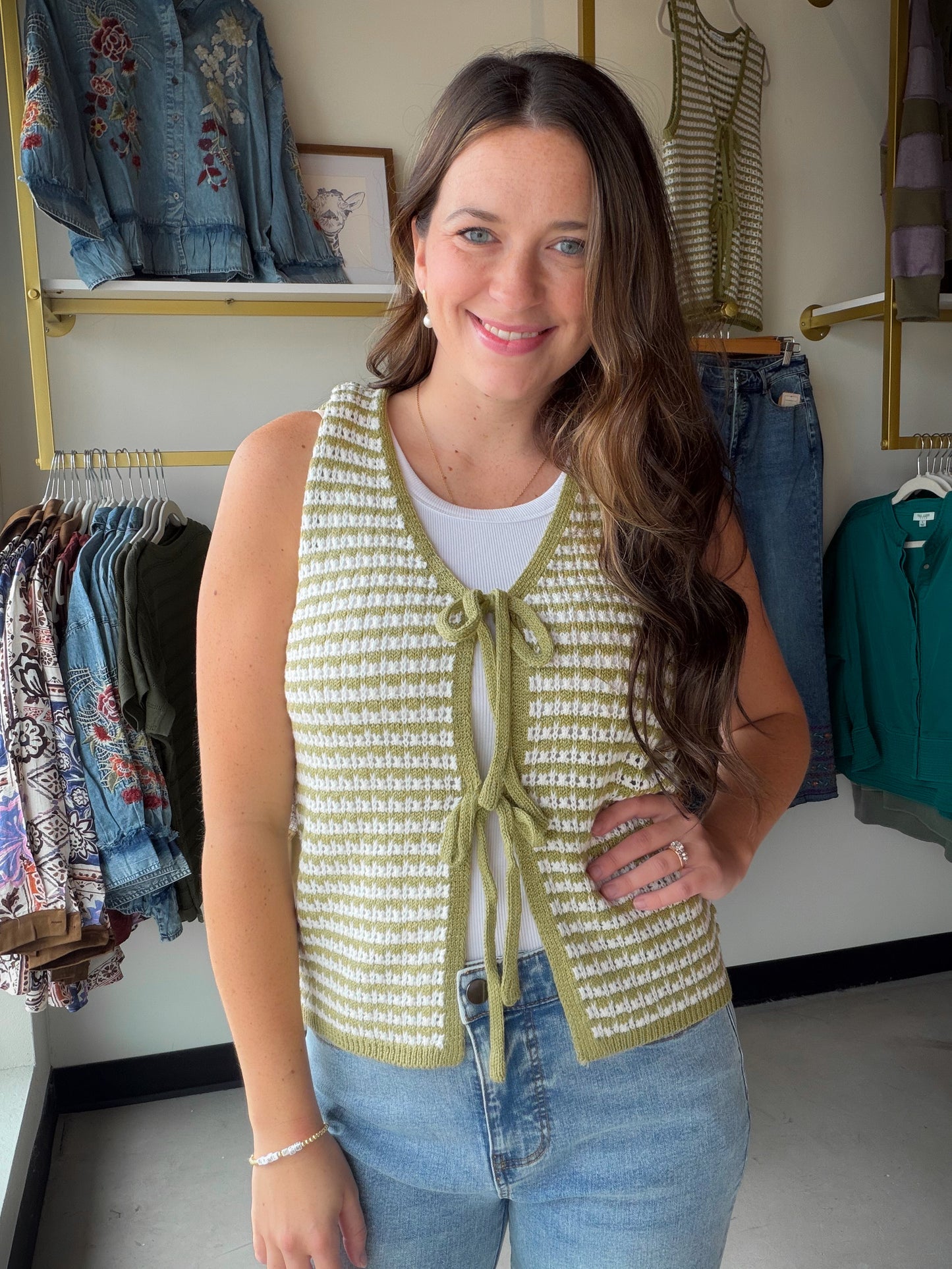 Sage Stripe Crochet Sweater Vest