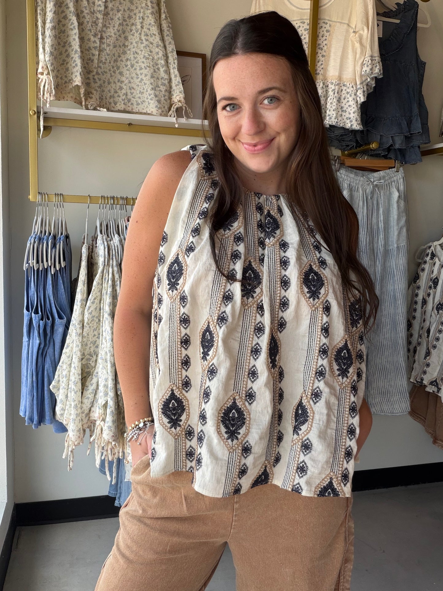 Ivory Black Embroidered Tank