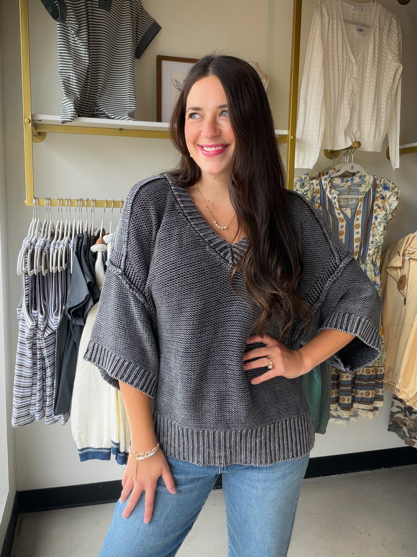 Vintage Charcoal V-Neck Sweater