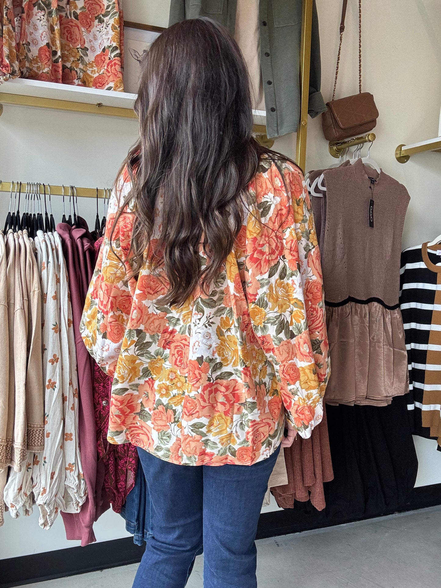 Orange Floral Balloon Sleeve Blouse