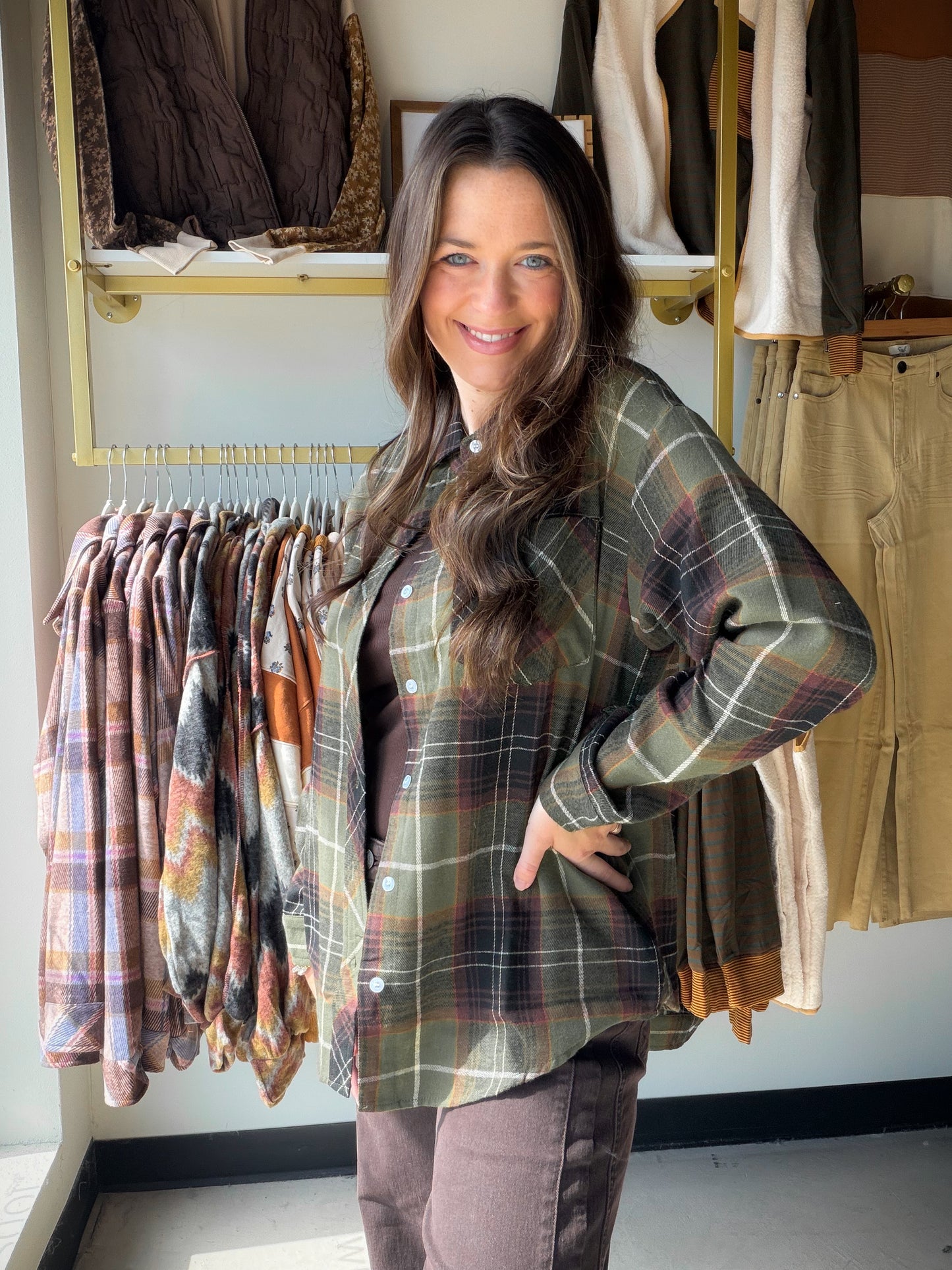 Finley Plaid Olive & Brown Top