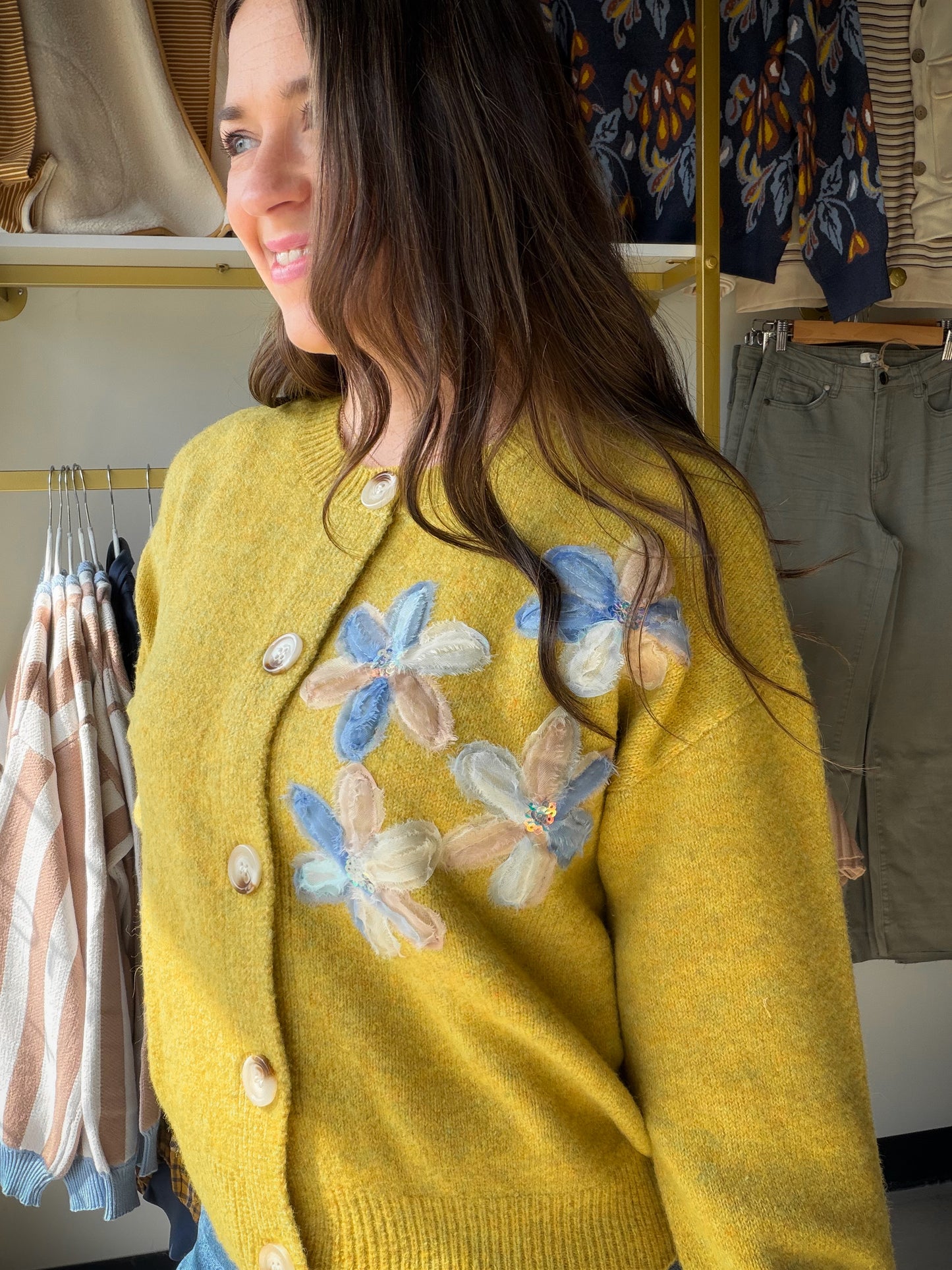 Vintage Mustard Floral Button Cardigan