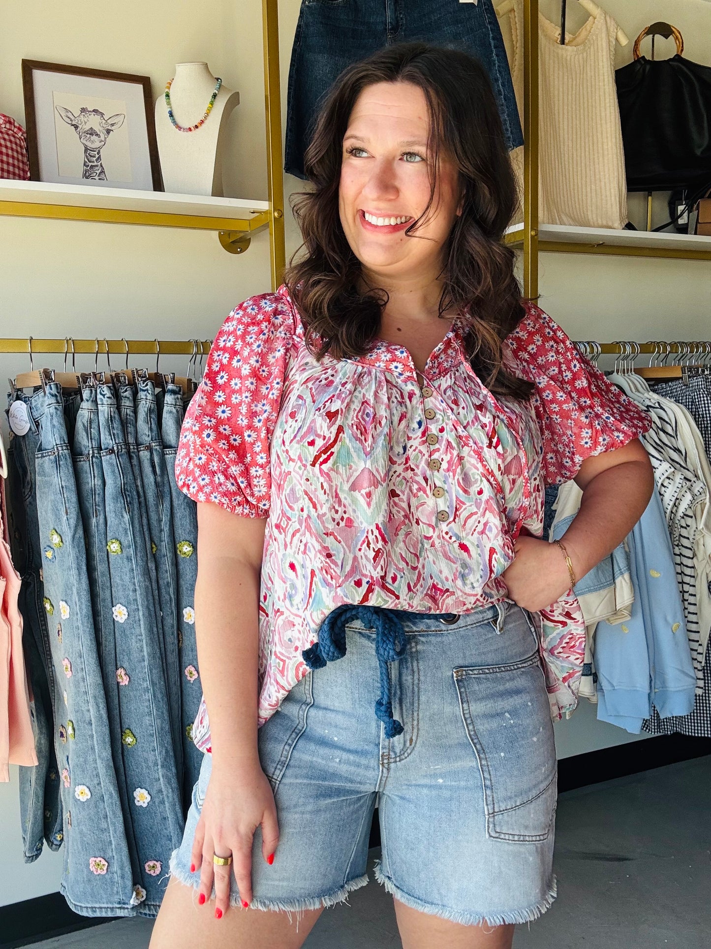 Strawberry Contrast Puff Sleeve Blouse