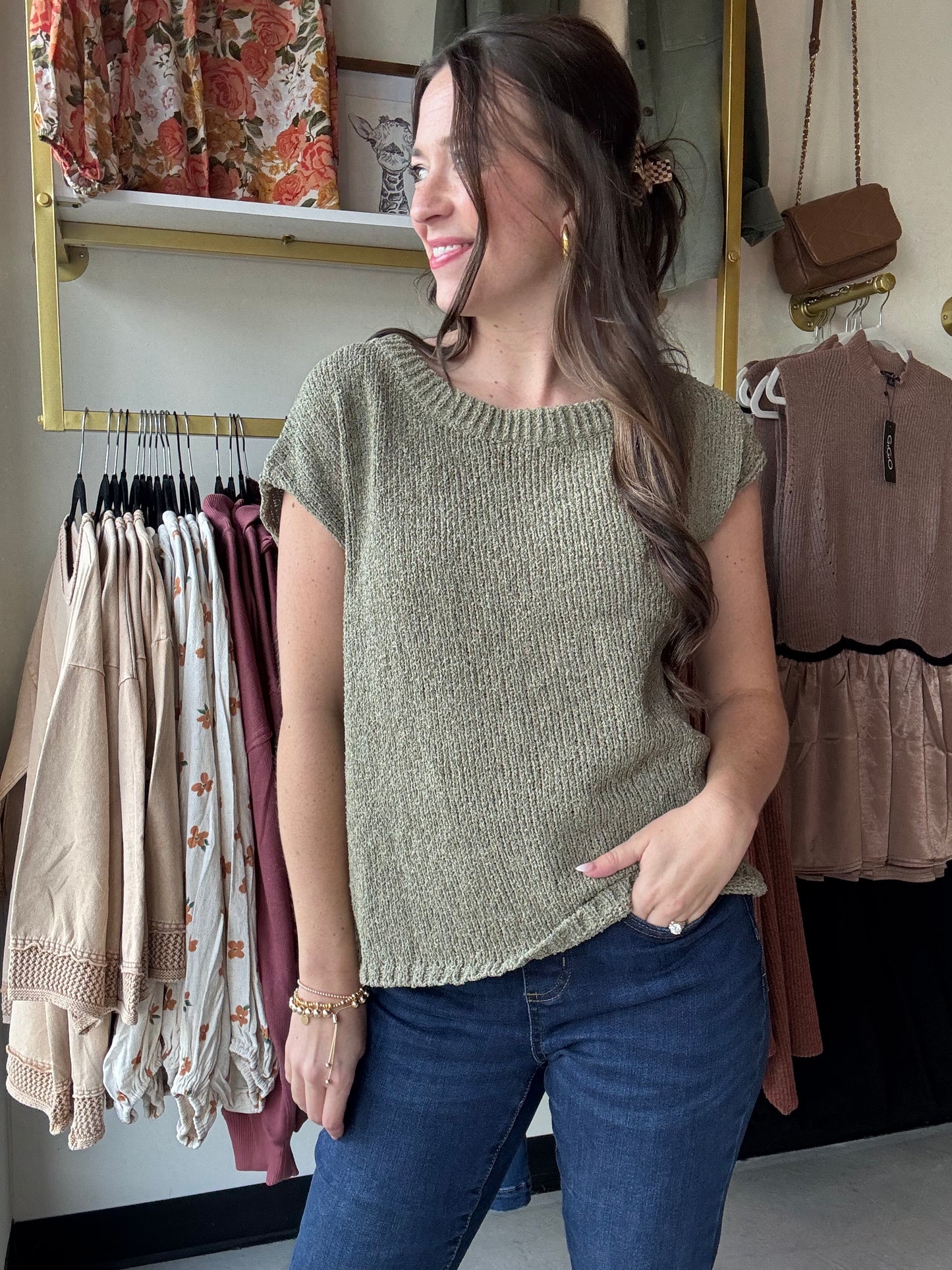 Olive Wide Neck Sleeveless Sweater