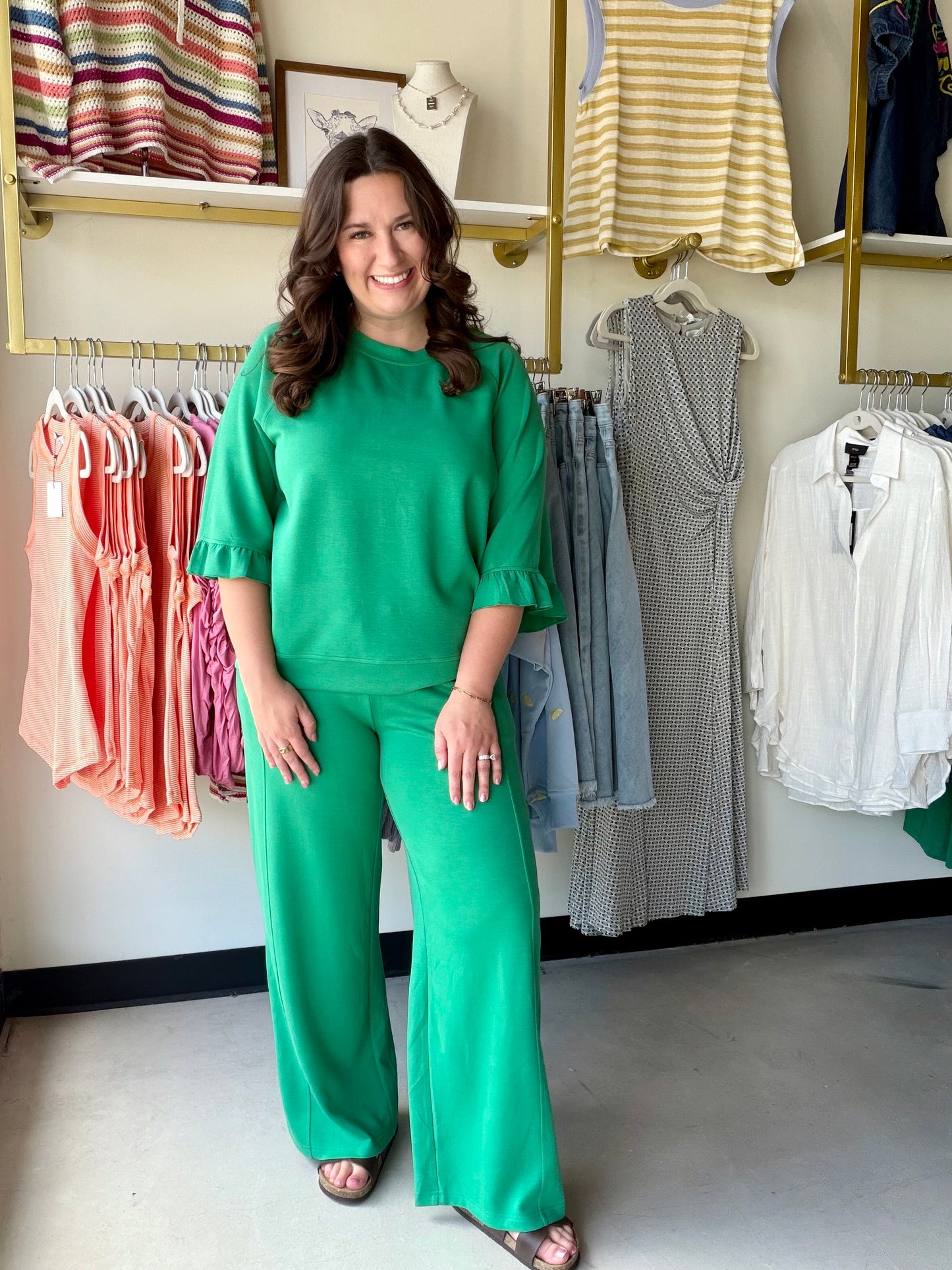 Green Luxeknit Ruffle Sleeve Top
