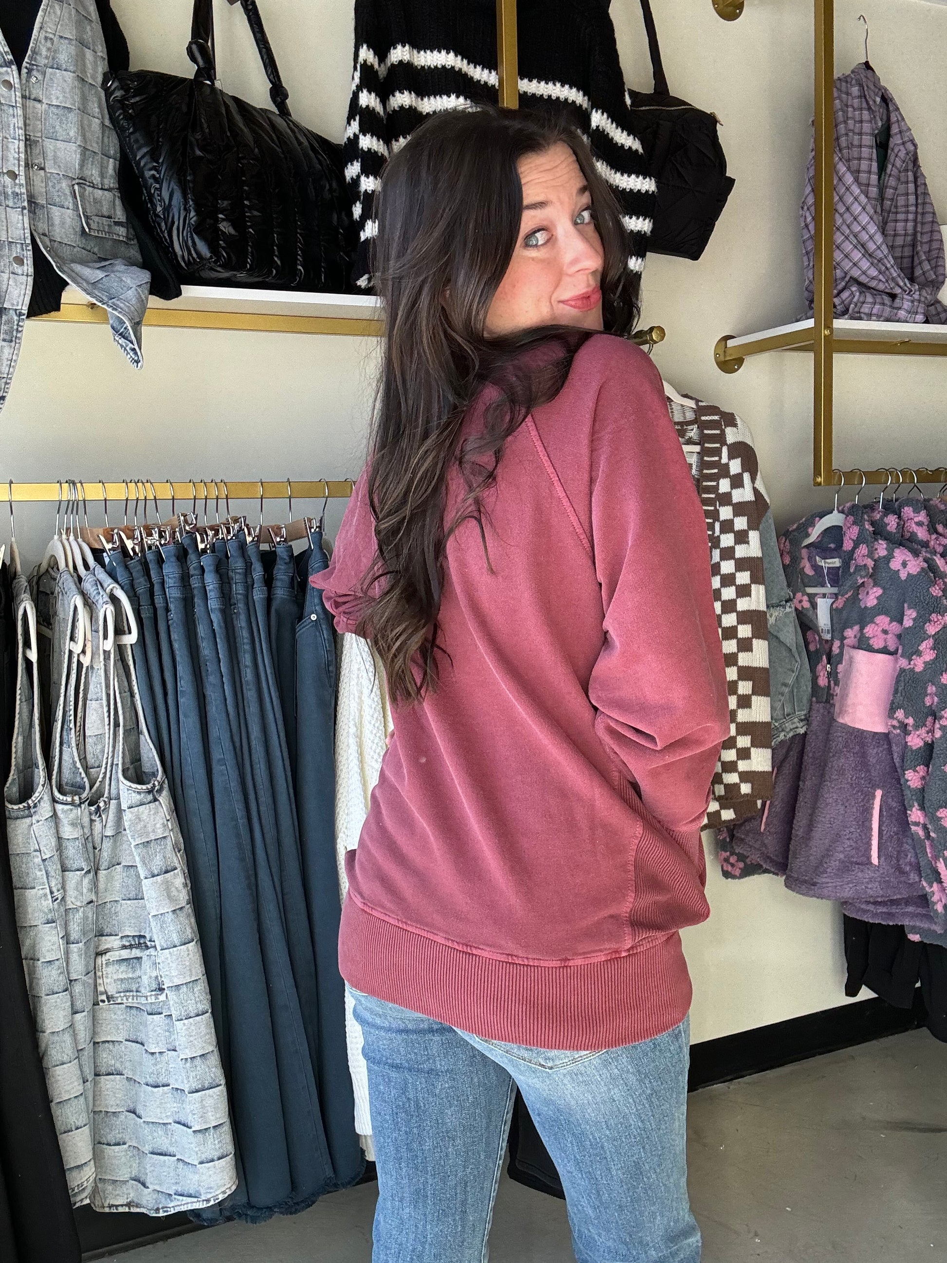 Our best-selling pullover is back in another color! Expertly crafted, this Pigment Dyed Pullover will keep you warm and stylish in the cooler seasons. Made of 100% cotton French terry, the ribbed detailing adds a touch of sophistication to this casual sweatshirt. With convenient pockets it's the perfect addition to your wardrobe.

Brand: Zenana