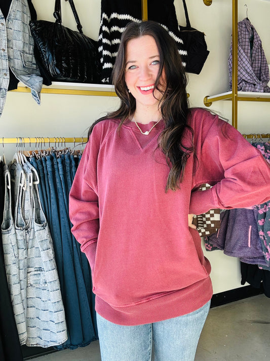 Our best-selling pullover is back in another color! Expertly crafted, this Pigment Dyed Pullover will keep you warm and stylish in the cooler seasons. Made of 100% cotton French terry, the ribbed detailing adds a touch of sophistication to this casual sweatshirt. With convenient pockets it's the perfect addition to your wardrobe.

Brand: Zenana