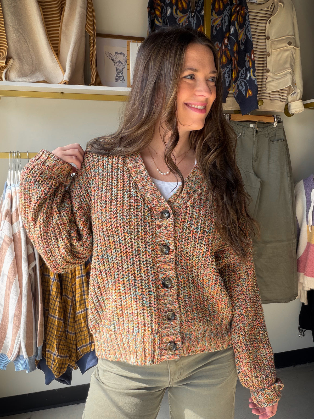 Chunky and colorful rainbow button up cardigan sweater