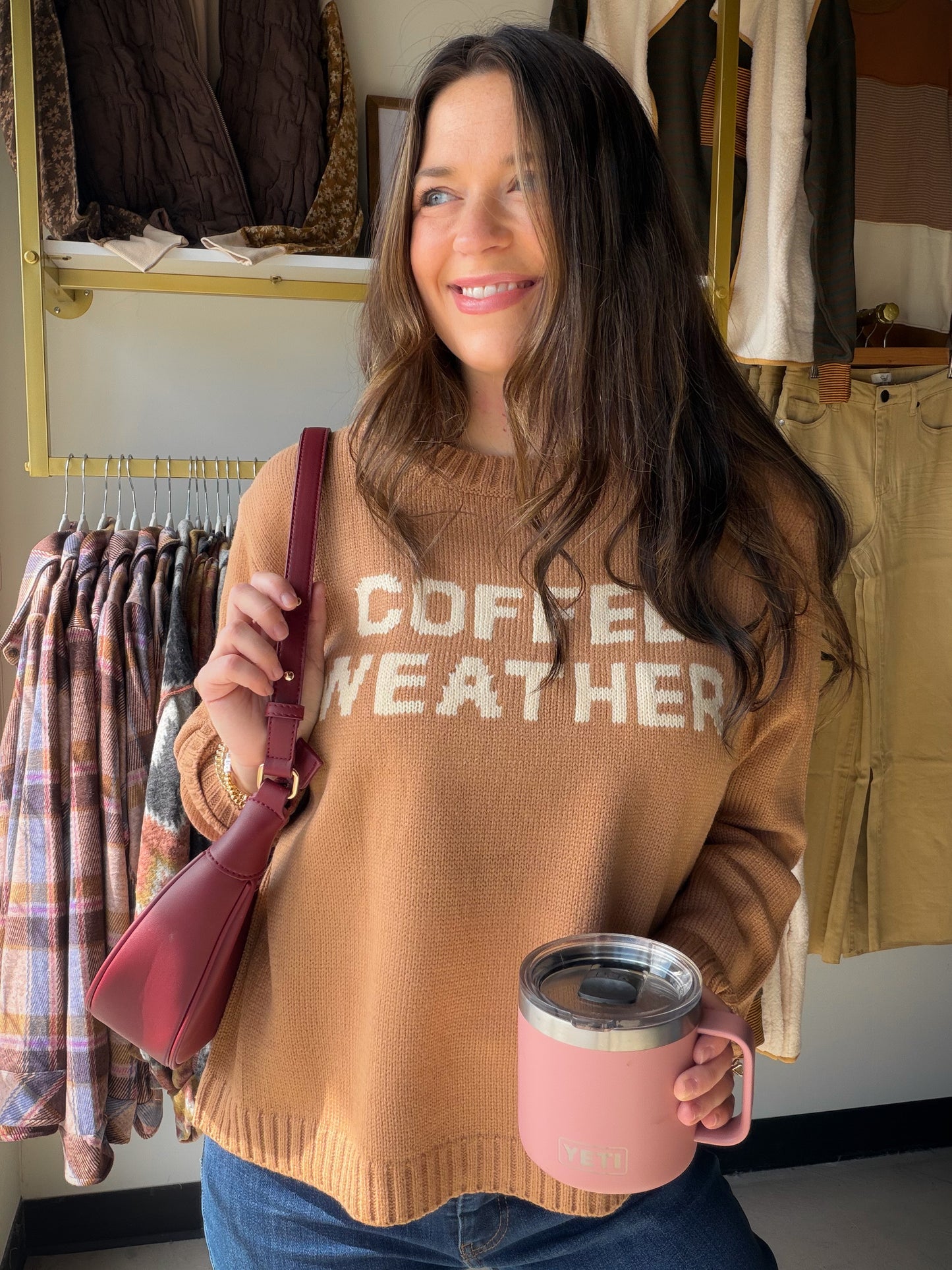 Some days are made for a warm mug and an even warmer sweater. This graphic sweater from&nbsp;Panache is your cozy season essential — soft, relaxed, and the kind of piece that makes staying in feel like a vibe. Whether you’re headed to a pumpkin patch or just running errands with a latte in hand, this one fits the moment perfectly.

"Coffee Weather" graphic design with a charming, lifestyle-inspired feel
Classic sweater silhouette — relaxed, comfortable, and easy to layer
100% Acrylic — soft, cozy, and easy 