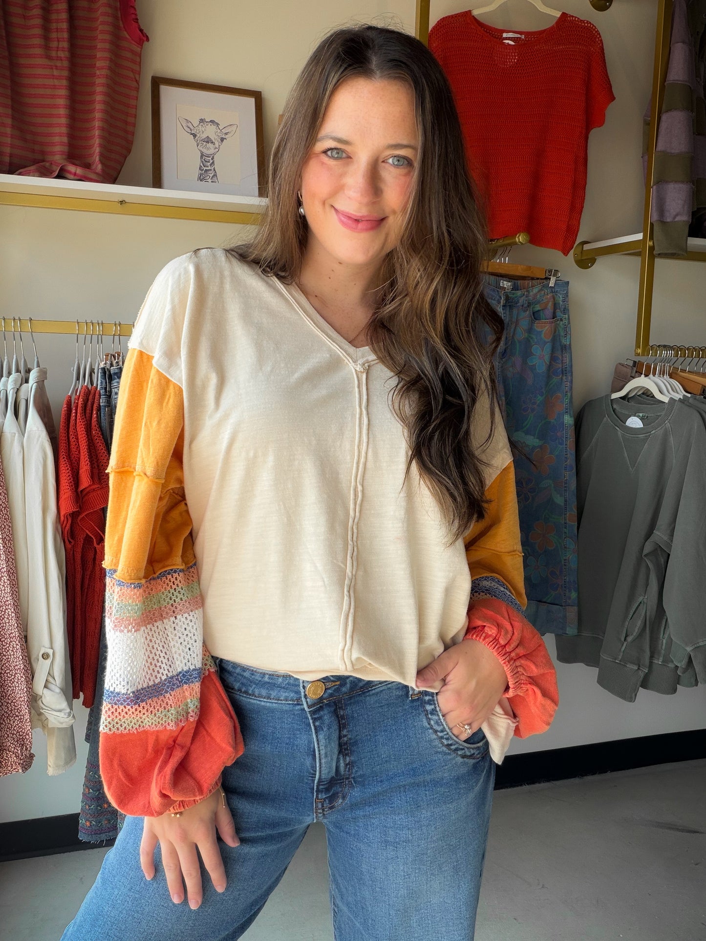 COLOR MIX WASHED COTTON PULLOVER
-V NECKLINE
-RELAXED FIT
-DROPPED SHOULDERS
-COLORBLOCK SLEEVES
-MESH PANEL WITH MULTICOLOR STRIPED SLEEVES
-SMALL MEASUREMENTS : LENGTH - 24.25" &amp; BUST - 23.5"


Fabric: KNIT
Content: 100% COTTON

COLOR MIX WASHED COTTON PULLOVER
