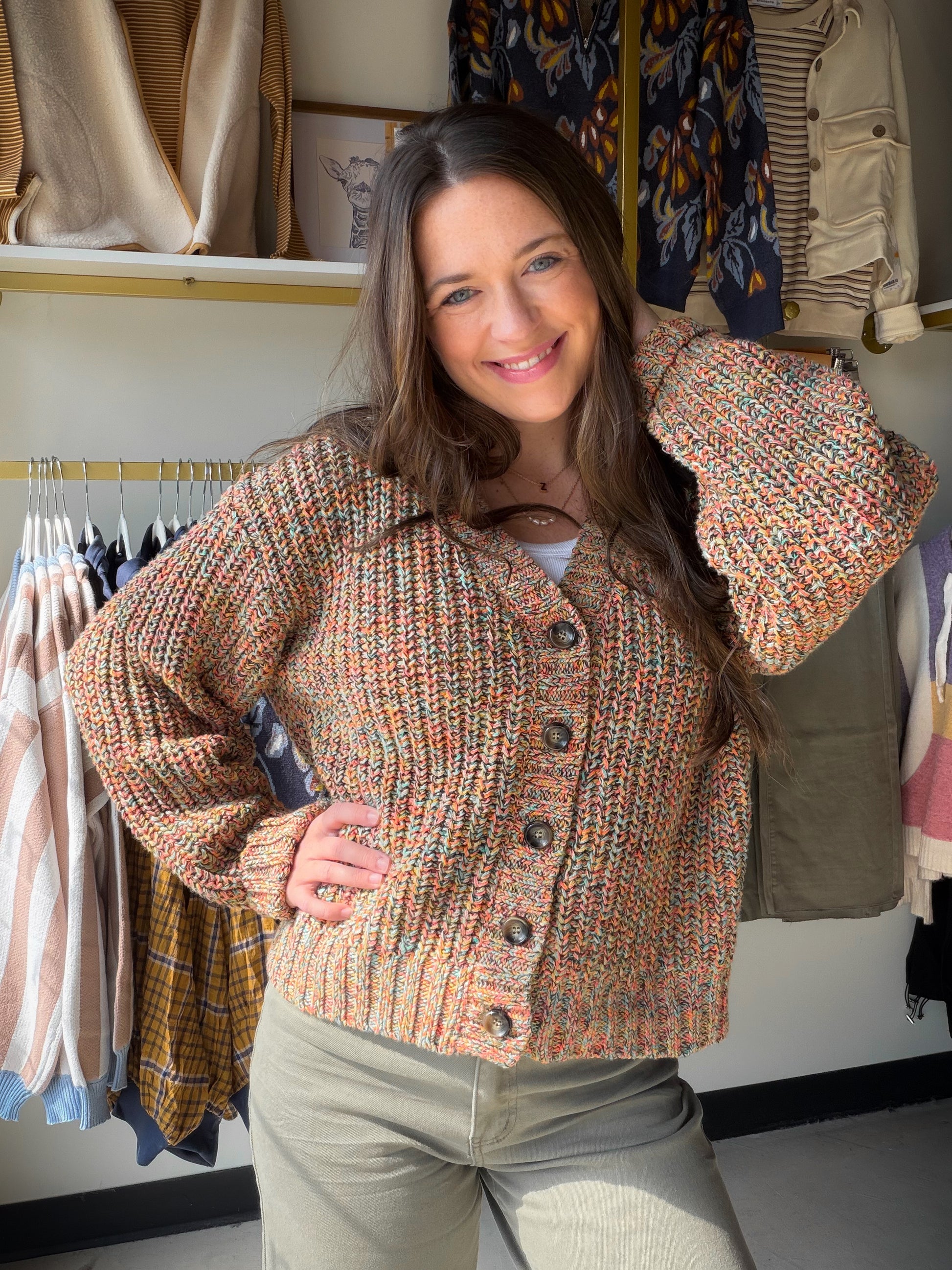 Texture. Color. Character. The&nbsp;Confetti Button Up Sweater by Easel is a chunky knit cardigan that brings personality to your layering game — multicolor marled yarn in a confetti-style mix gives it a playful, one-of-a-kind look, while the oversized relaxed fit, dropped shoulders, and V-neckline keep it effortlessly wearable. Slightly cropped length that pairs perfectly with high-waisted everything.

Why You'll Love It

Multicolor marled yarn detail — confetti-inspired texture that’s uniquely eye-catchin