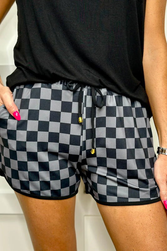 Check Back Black Drawstring Shorts