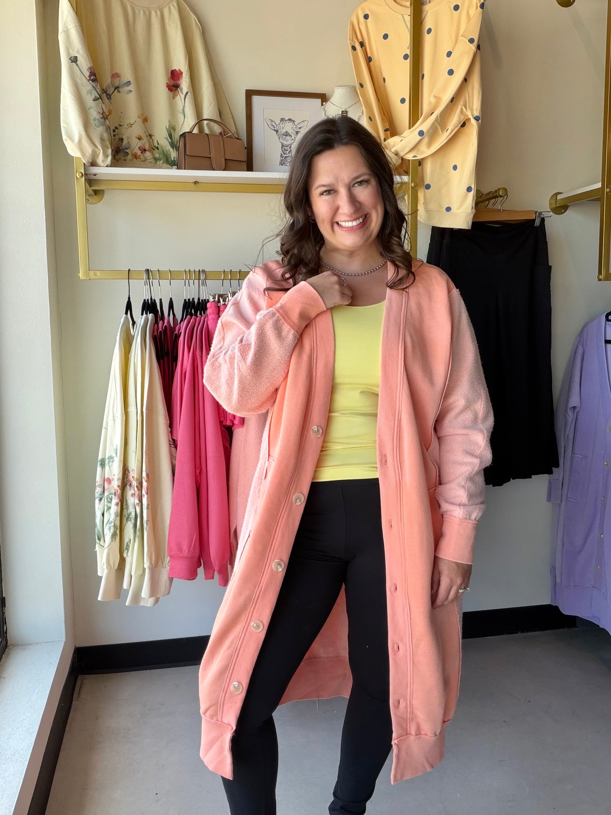 Blakeley

Made with luxurious DETAILING, this long cardigan features functional buttons, reverse fabric details on the sides, and pockets. Perfect for those chilly days, the luxury cardi adds style and practicality to your wardrobe.&nbsp;

Mikayla- size 12 is wearing the OS (One size)


FIT: RELAXED

FABRIC: 60% COTTON 40% POLY&nbsp;

SIZING

XS: &nbsp;0-8

OS: 10-18
