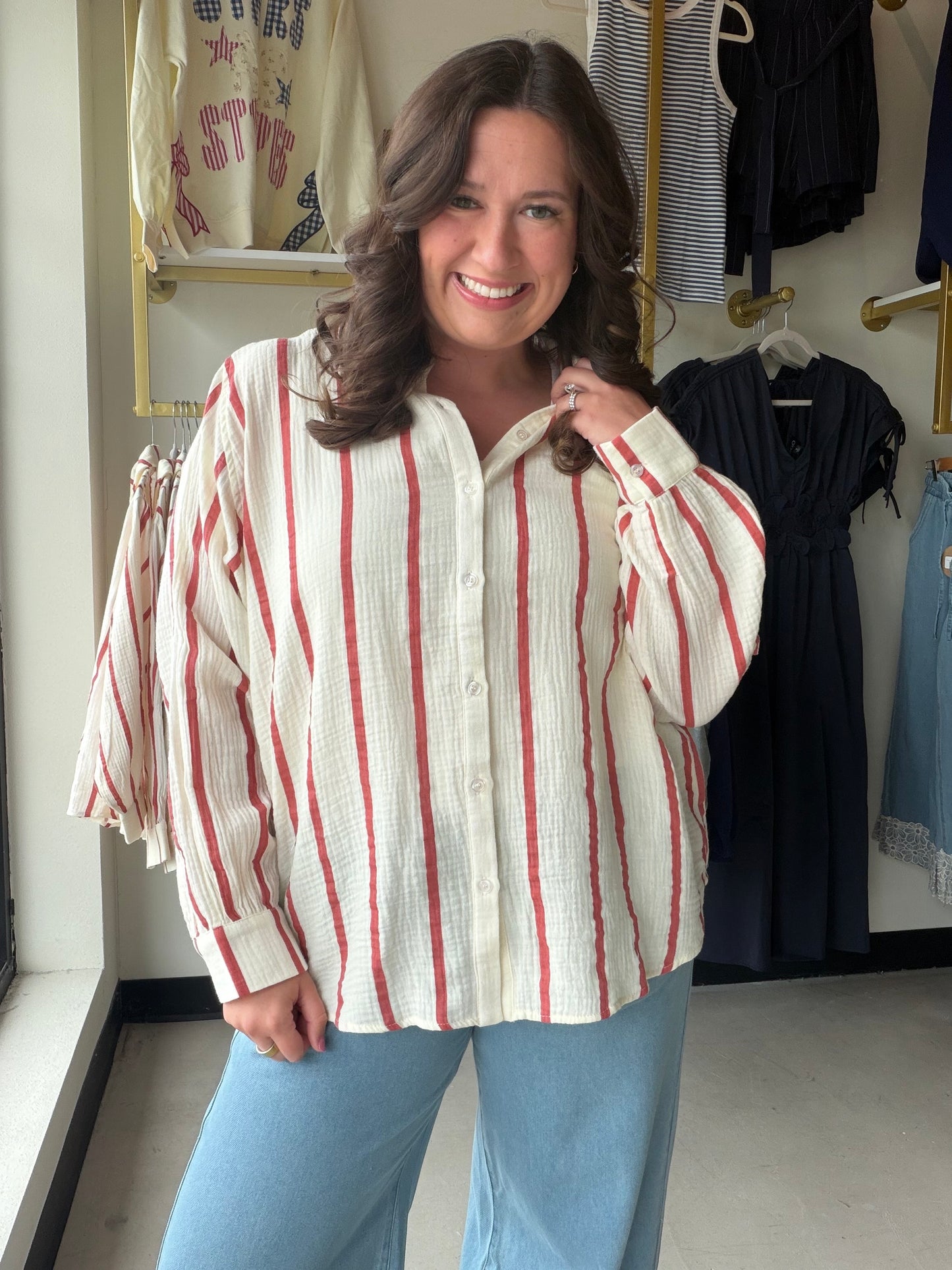 Sunday Edition

Elevate your everyday style with this 100% cotton double gauze button-down featuring chic red stripes and a relaxed dolman fit. This breathable, airy essential delivers a sophisticated coastal vibe with an effortless, lived-in feel perfect for any season.

100% breathable premium double gauze cotton.
Relaxed dolman sleeves for effortless style.
Classic button-down with chic red stripes.
Lightweight fabric for all-day comfort.
Versatile fit for work or weekend.
Soft, textured feel for premium