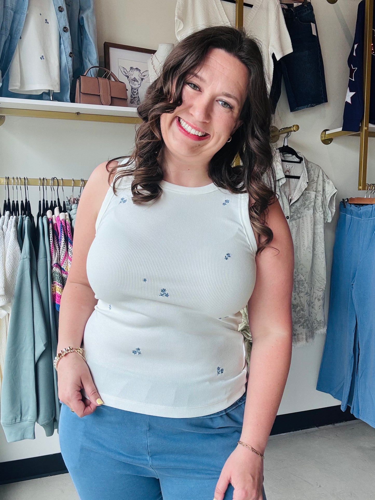 Thread & Supply

The fan favorite Edlin tank is back ,now with dainty embroidery detail. Crafted in a buttery cotton blend fabrication, this tank is a wear-everywhere kind of essential.

Sleeveless tank
Embroidered detail
Crew neckline
Measurements for a size small:

Length: 23"
Chest: 14"
Waist: 13"
Fabric Content/Care:&nbsp;

48% Cotton
48% Modal
4% Spandex