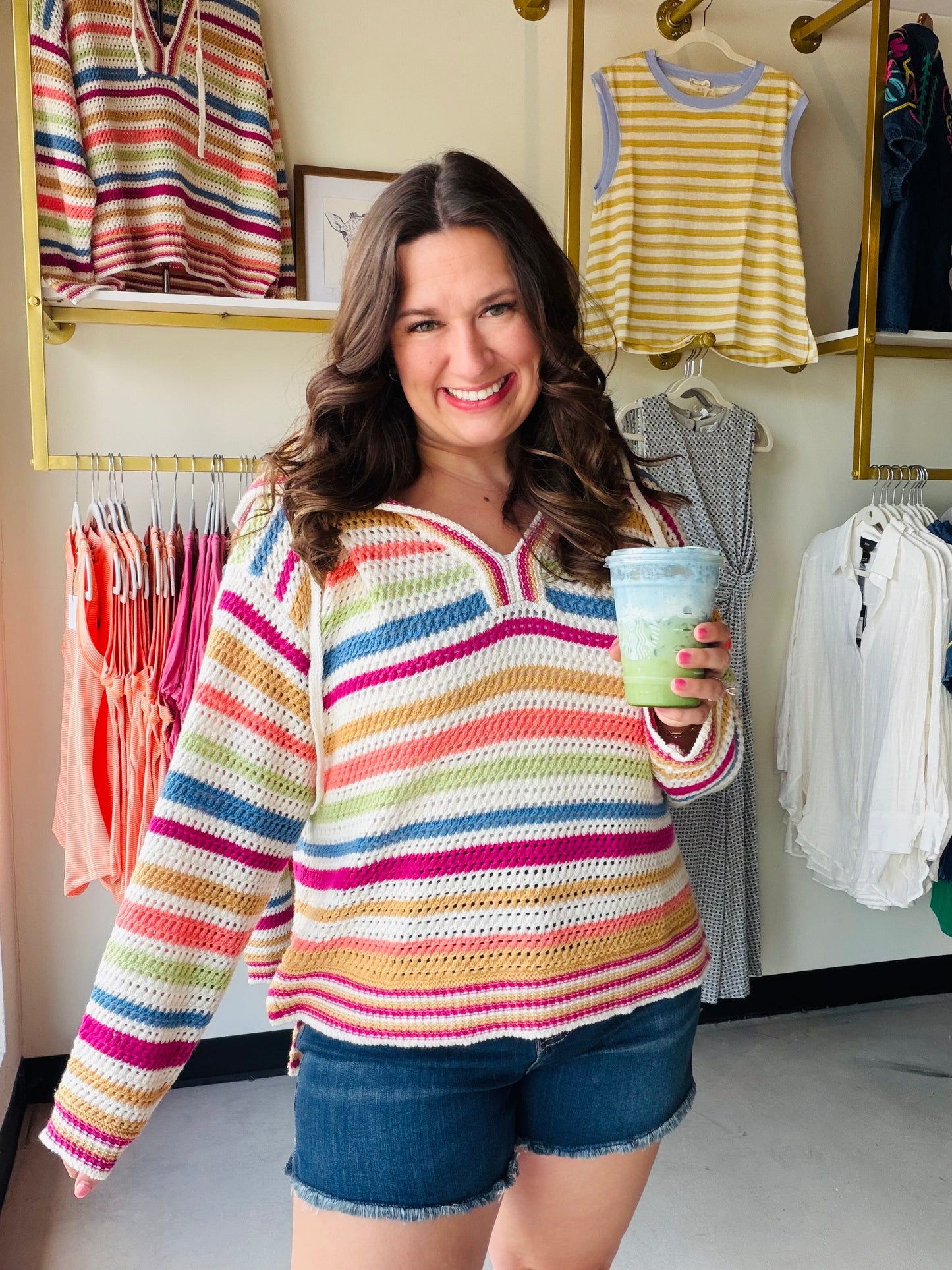 Cozy meets crafted. The Golden Multi Stripe Crochet Hoodie by Wishlist is a statement piece that brings boho texture and warm golden tones together in one effortlessly cool look. The open crochet construction adds breathable, lightweight warmth, while the multi-stripe pattern gives it a playful, artisan feel that stands out from the basics.

The hoodie silhouette keeps it relaxed and casual — perfect layered over a bralette or fitted tank for a festival-ready look, or thrown over a tee for an easy weekend o