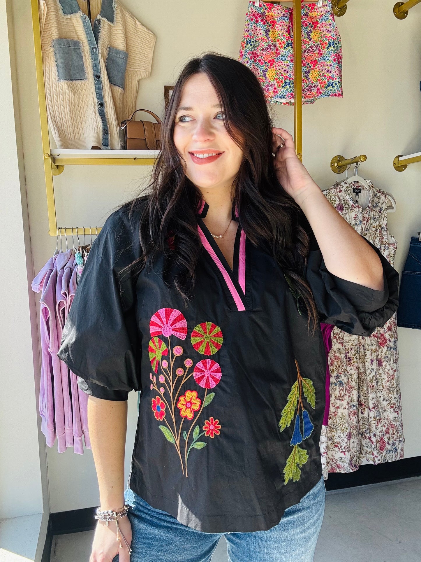 Black Contrast Embroidered Blouse