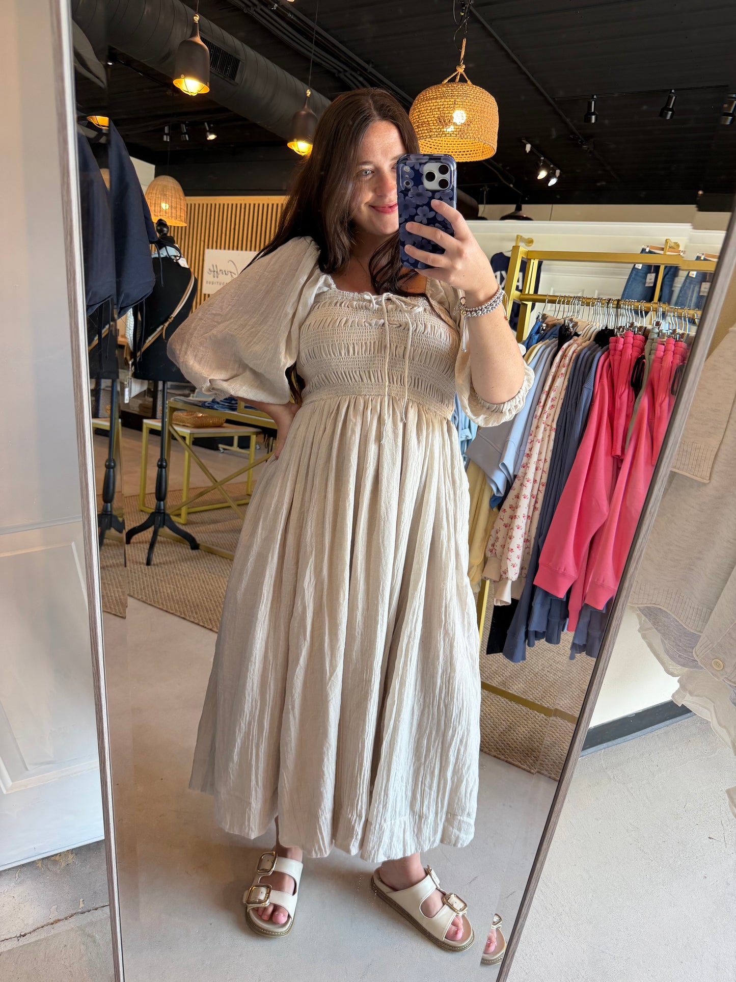Natural Smocking Midi Dress