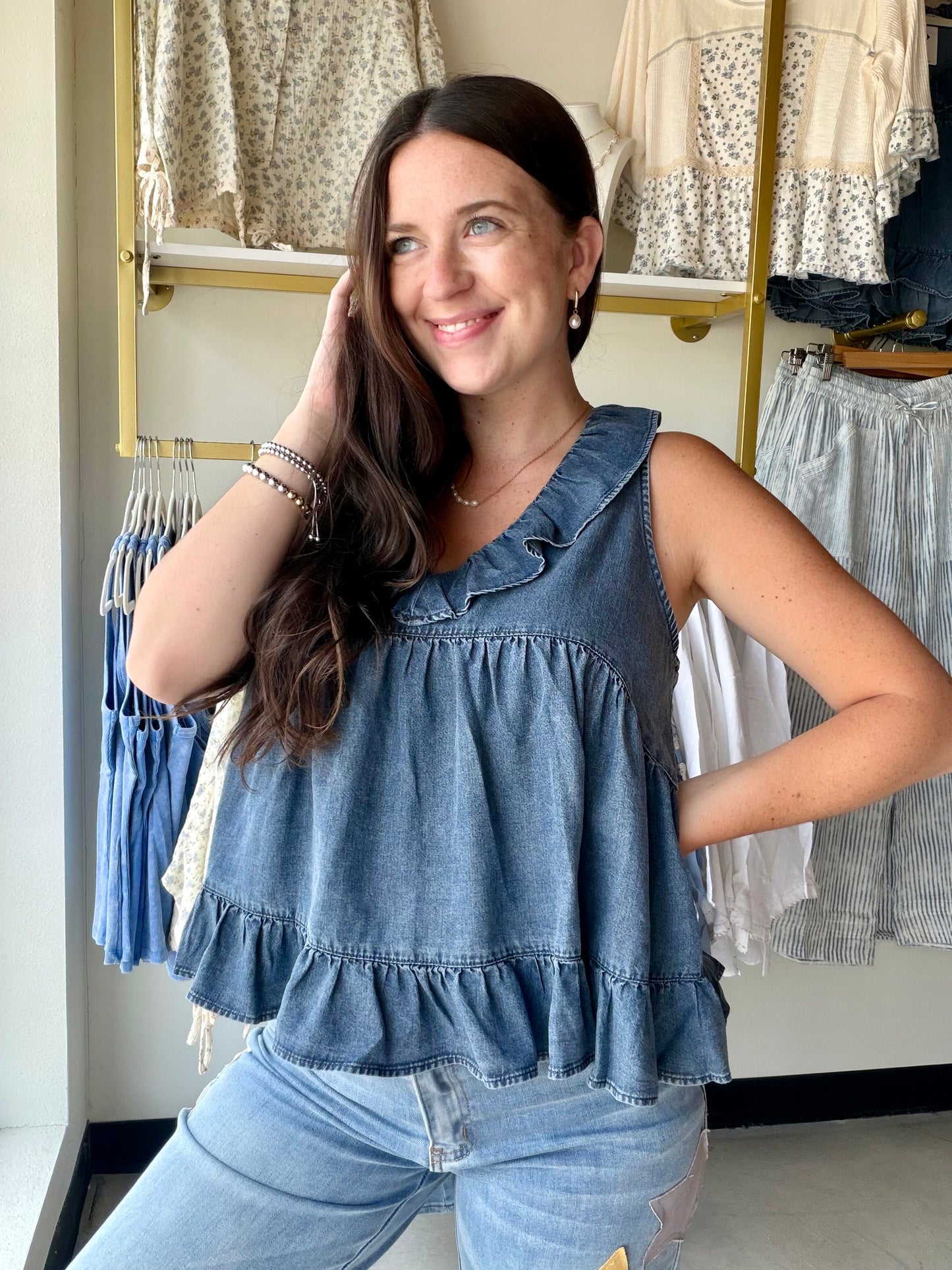 Dark Chambray Ruffle Tank