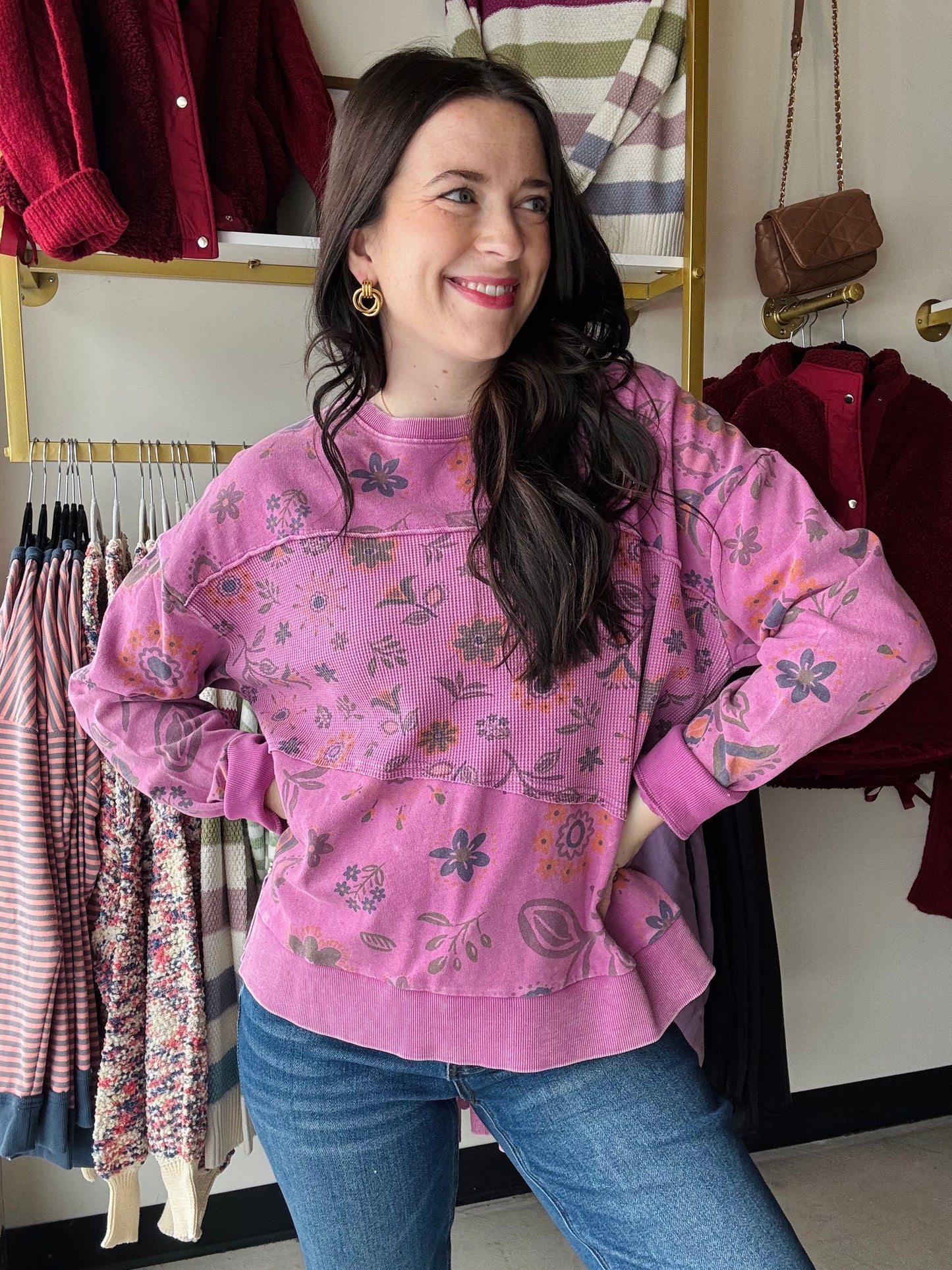 Magenta Floral Terry Pullover