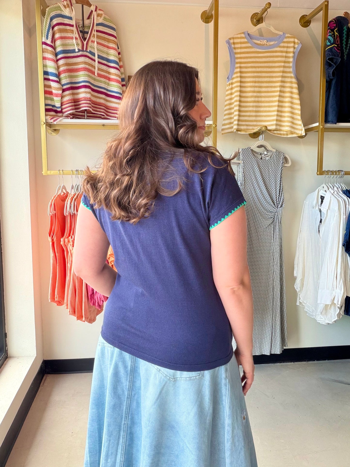 Navy Blanket Stitch Sweater
