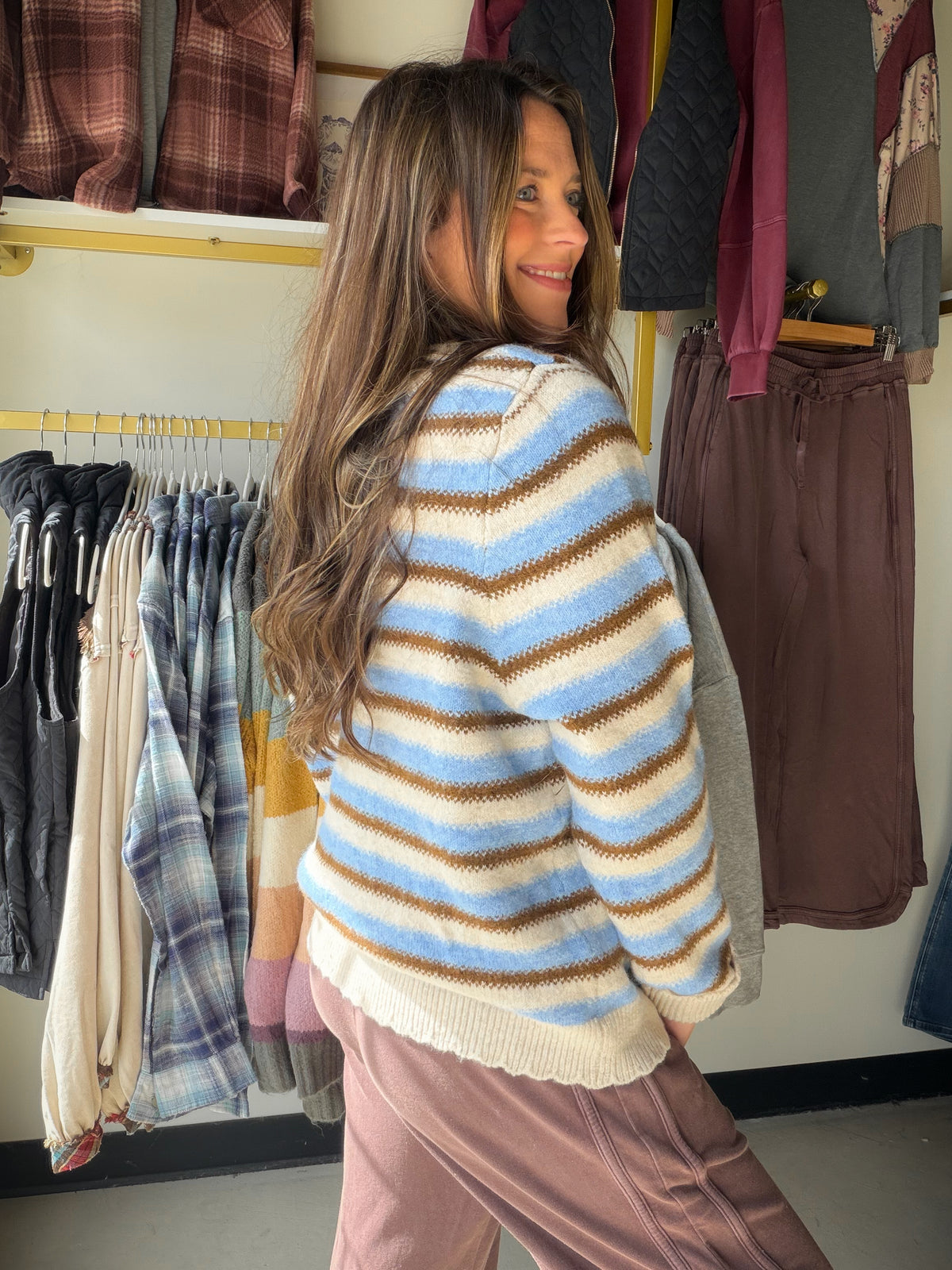 Brown & Blue Striped Button Cardi