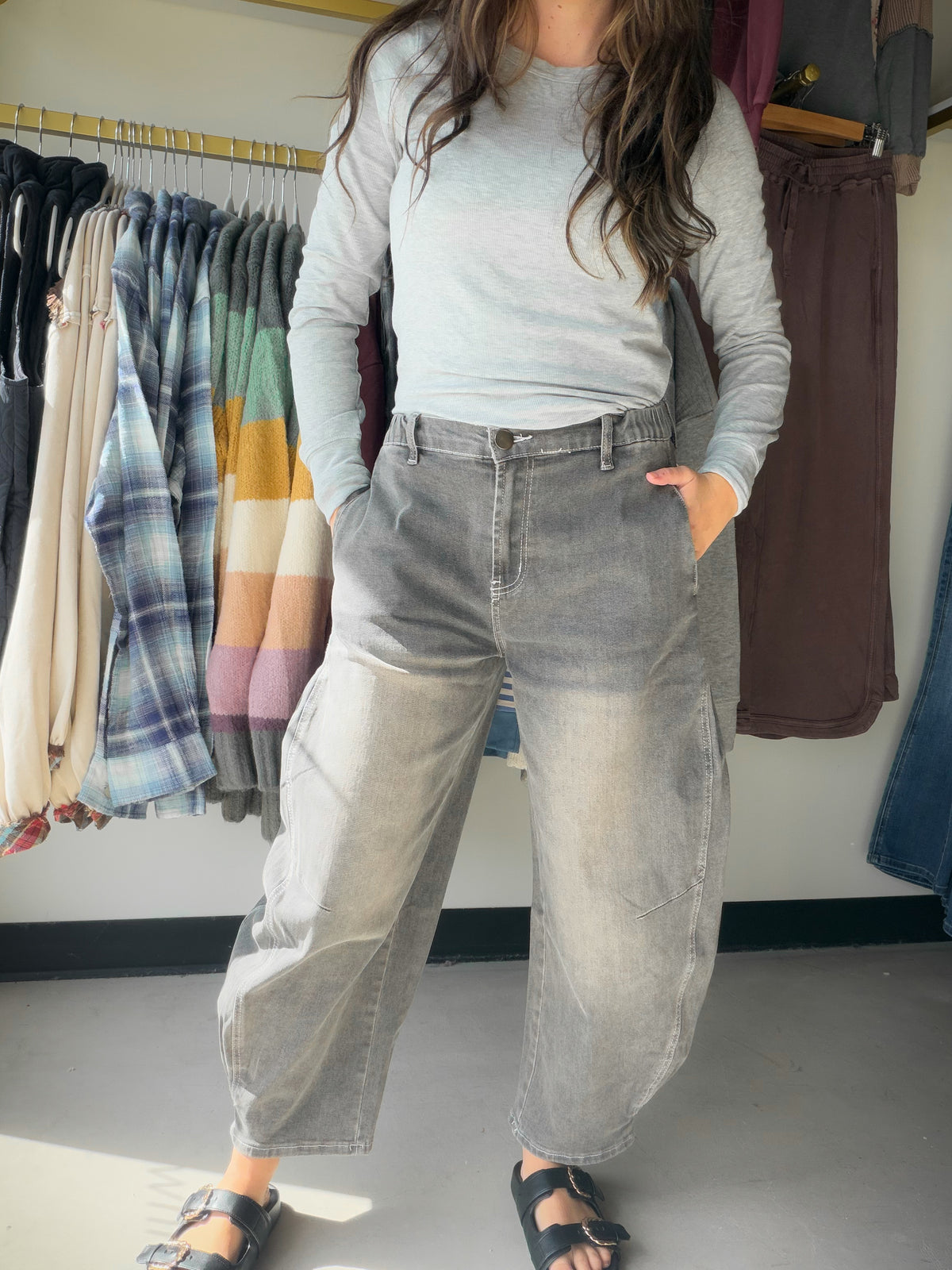 Black Denim Barrel Pants