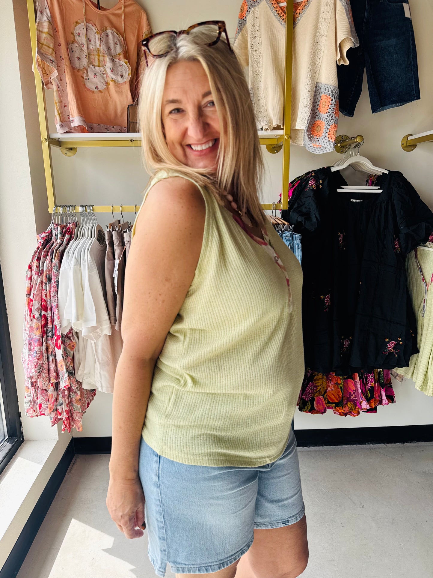 Lime Floral Trim V-Neck Tank