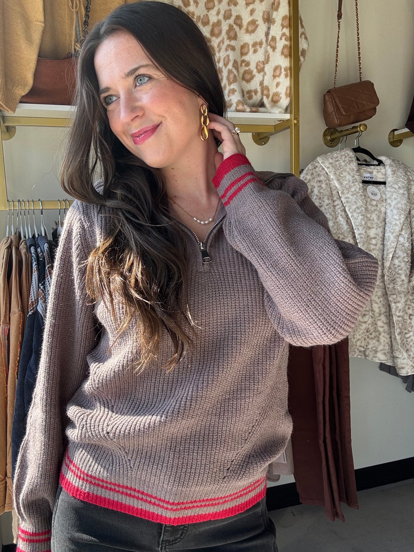 Red Accent Zip Up Pullover