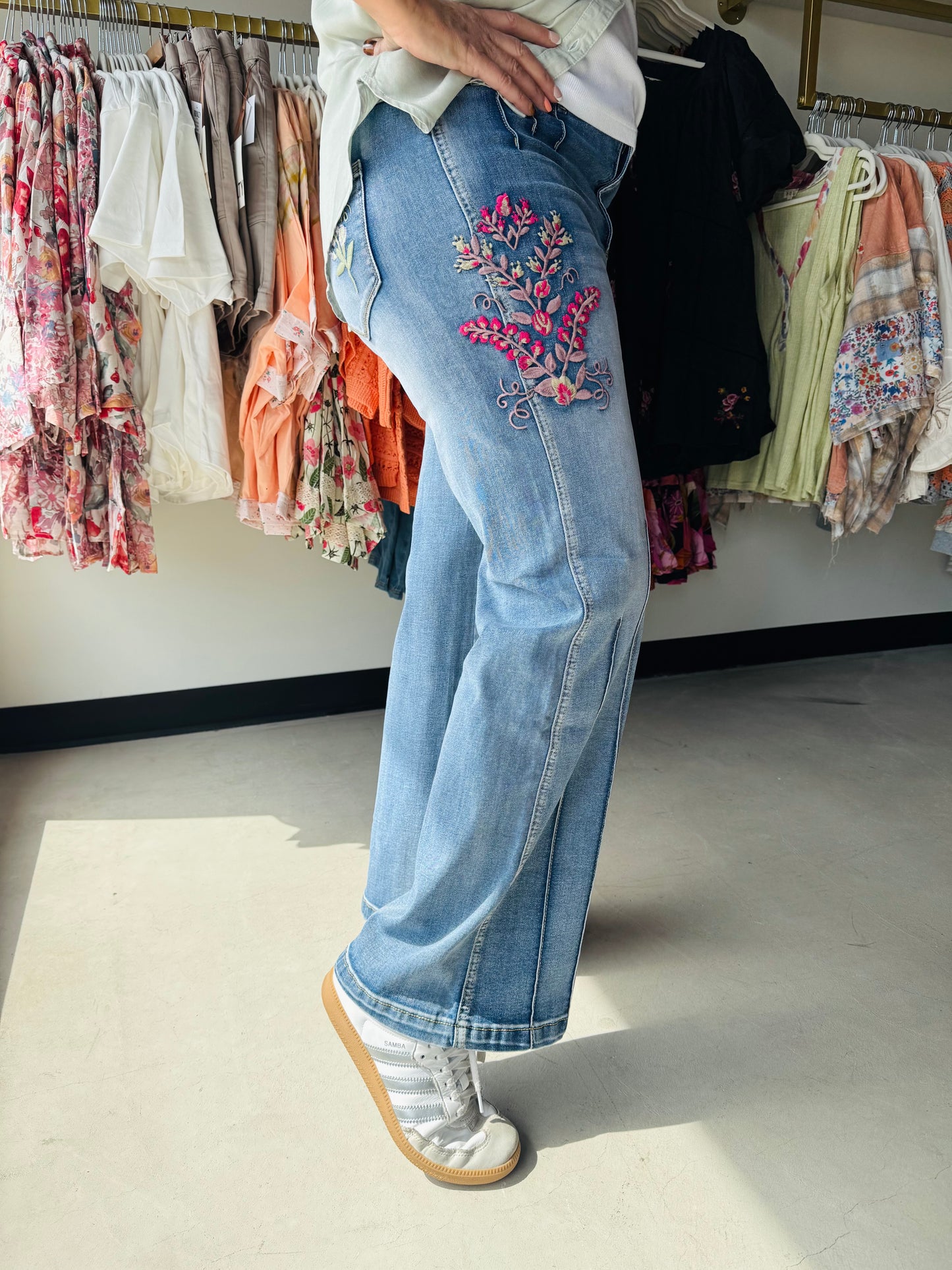 Floral Embroidered Darted Jeans
