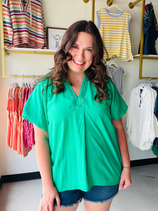 Island Green V Neck Blouse