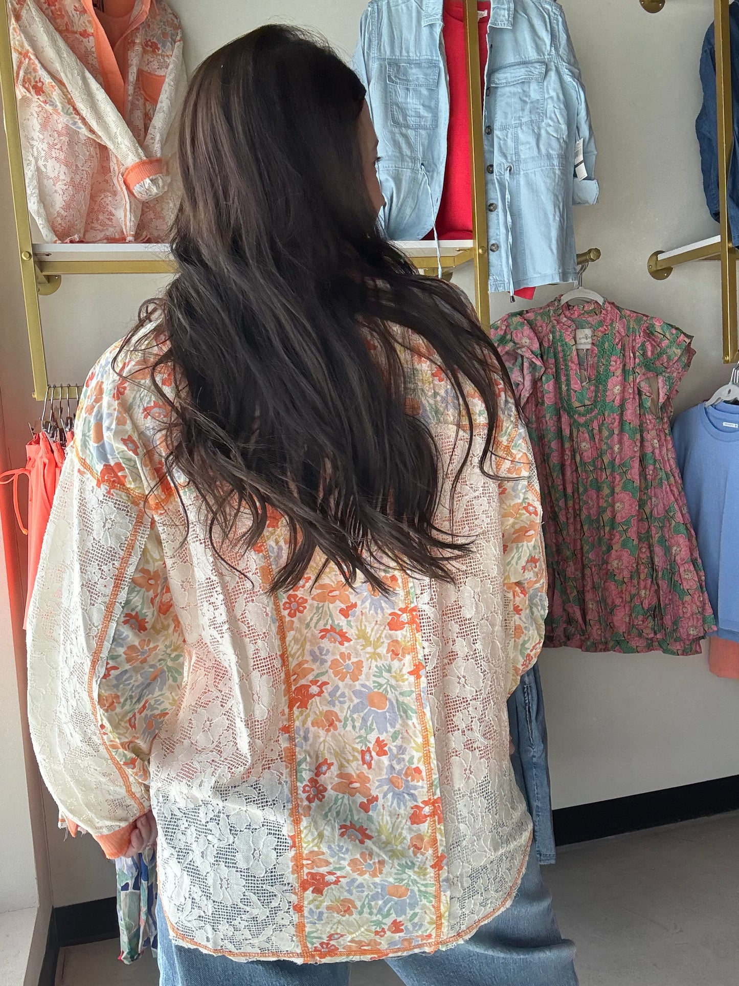 Coral Accent Trim Lace Top