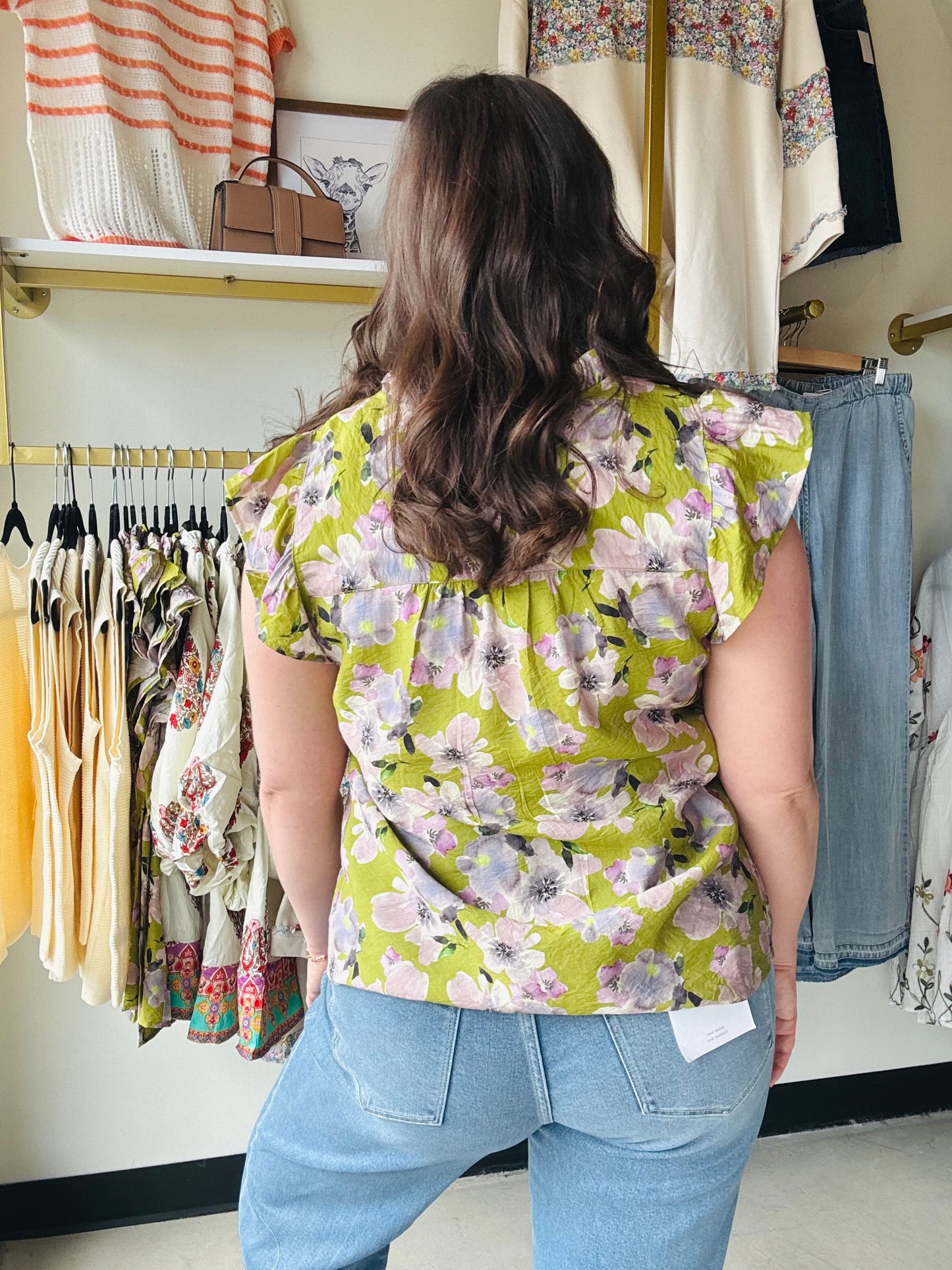 Olive Floral Flutter Sleeve Blouse