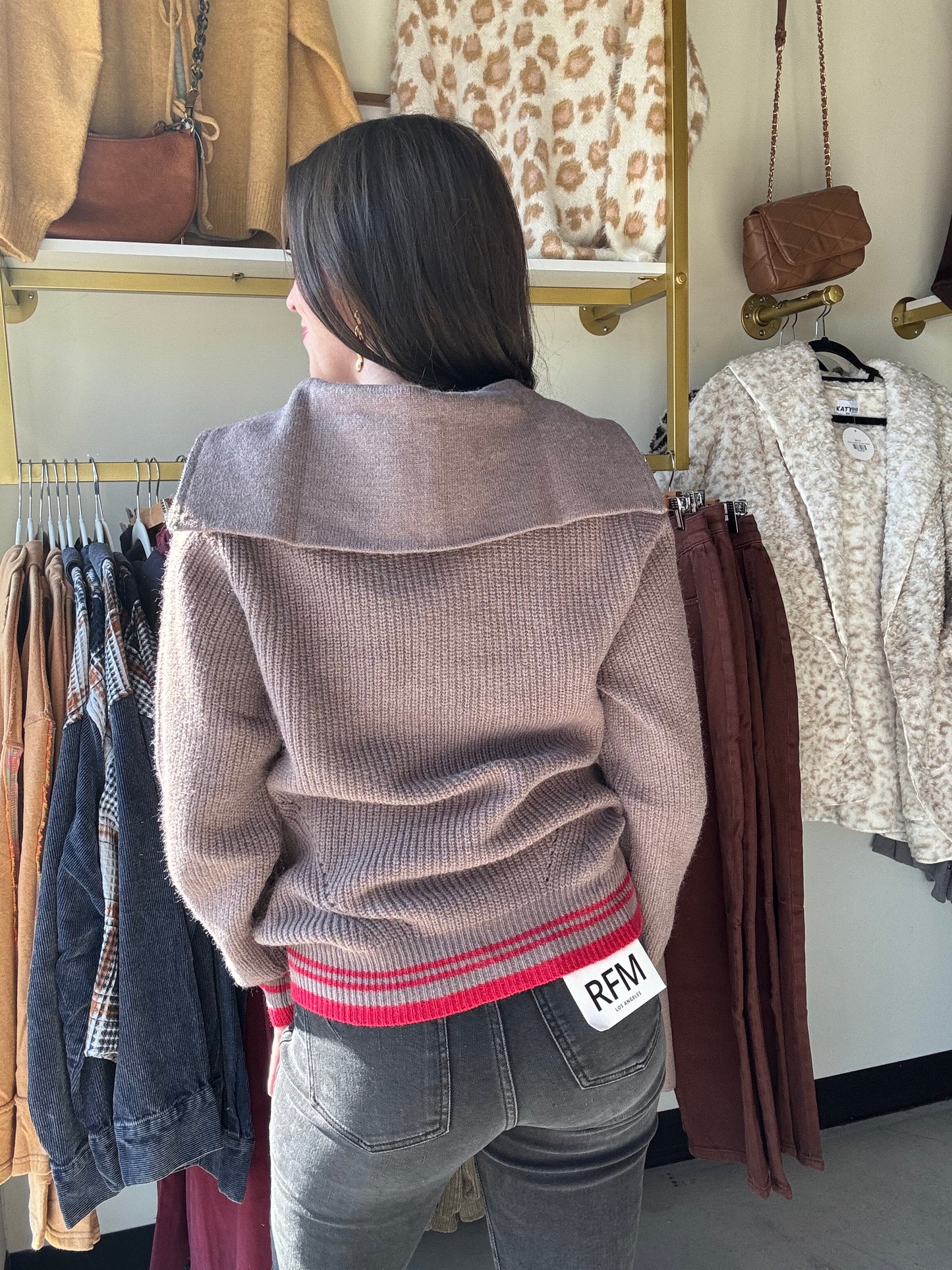 Red Accent Zip Up Pullover