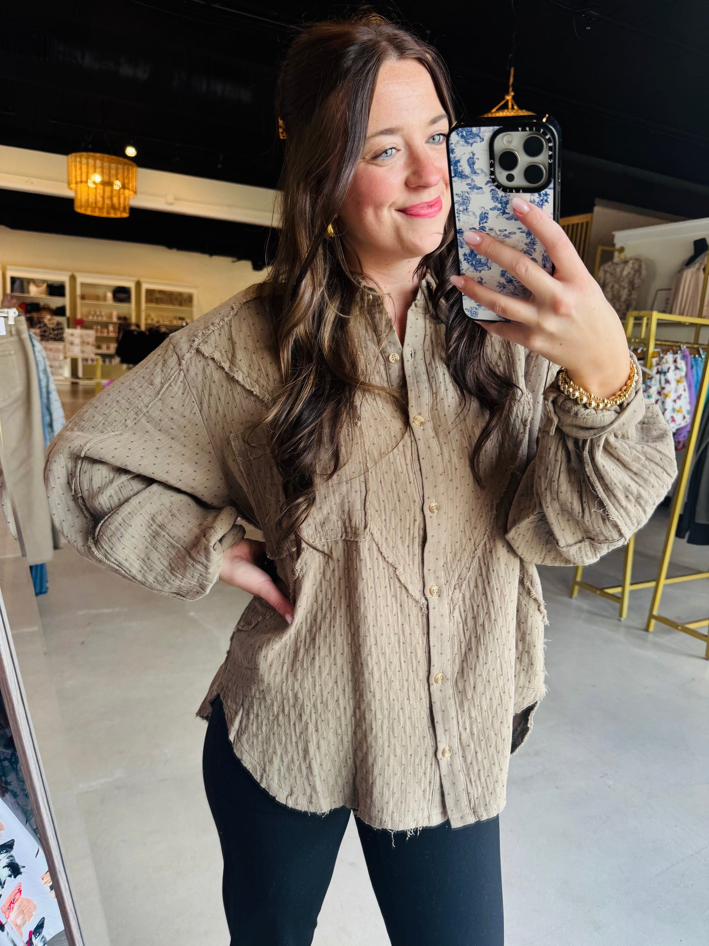 Olive Grey Gauze Button Up