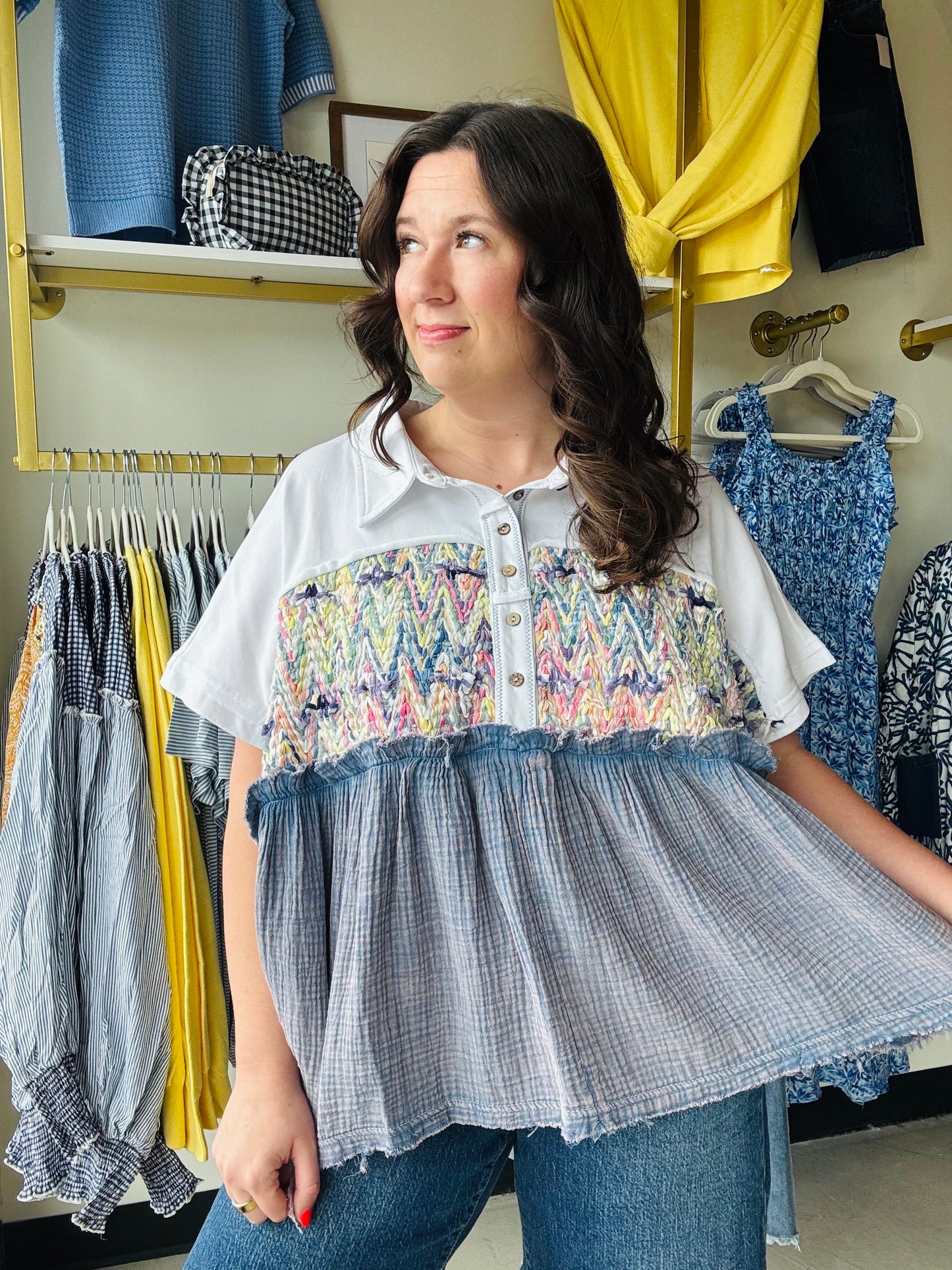 Collared Boho Placket Detail Top