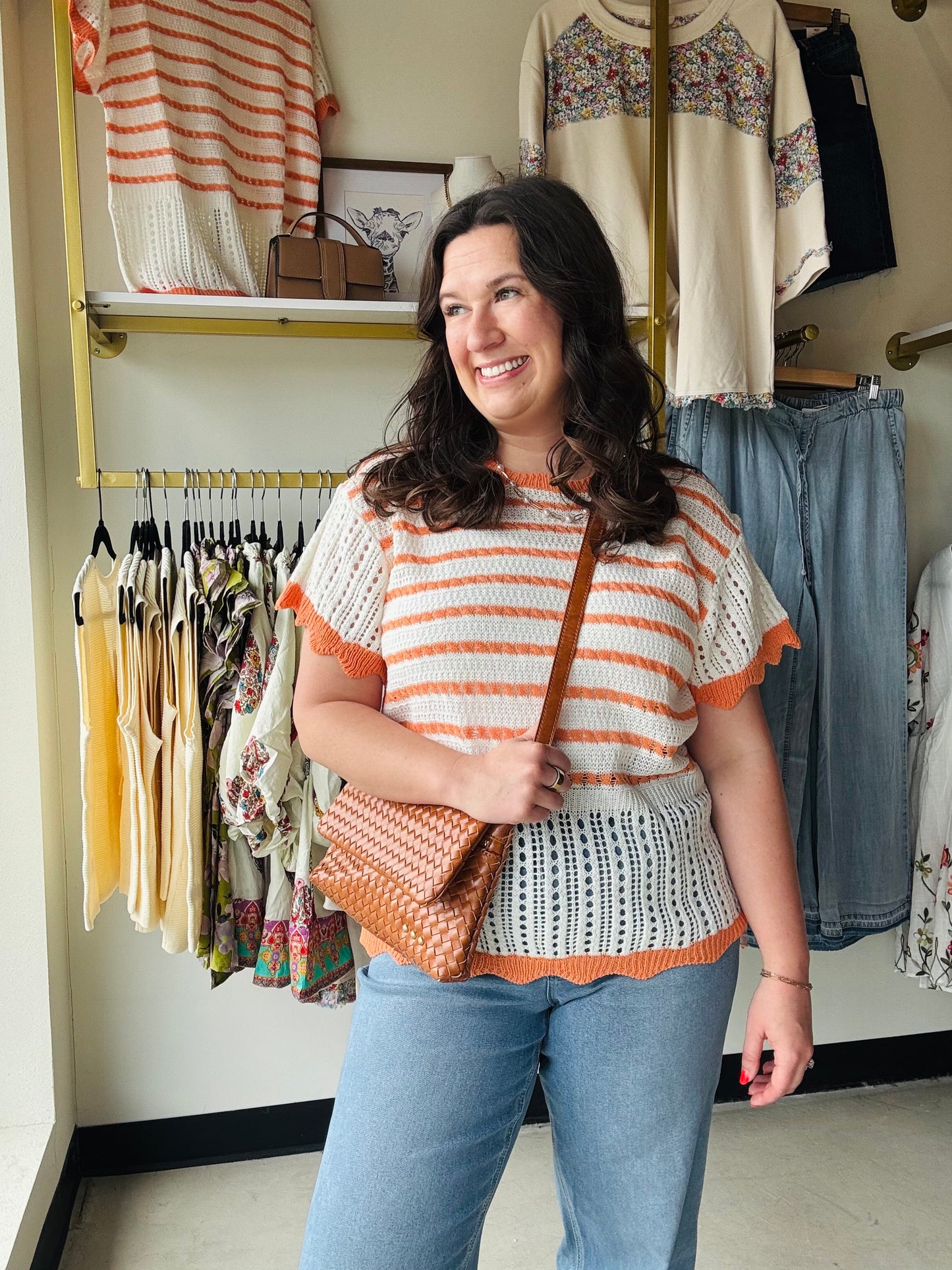 Orange Crochet Scallop Hem Top