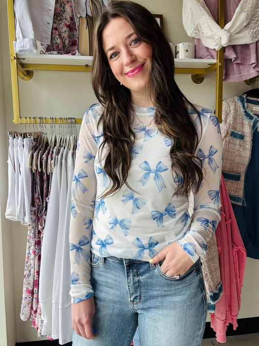 Blue Charissa Bow Mesh Top
