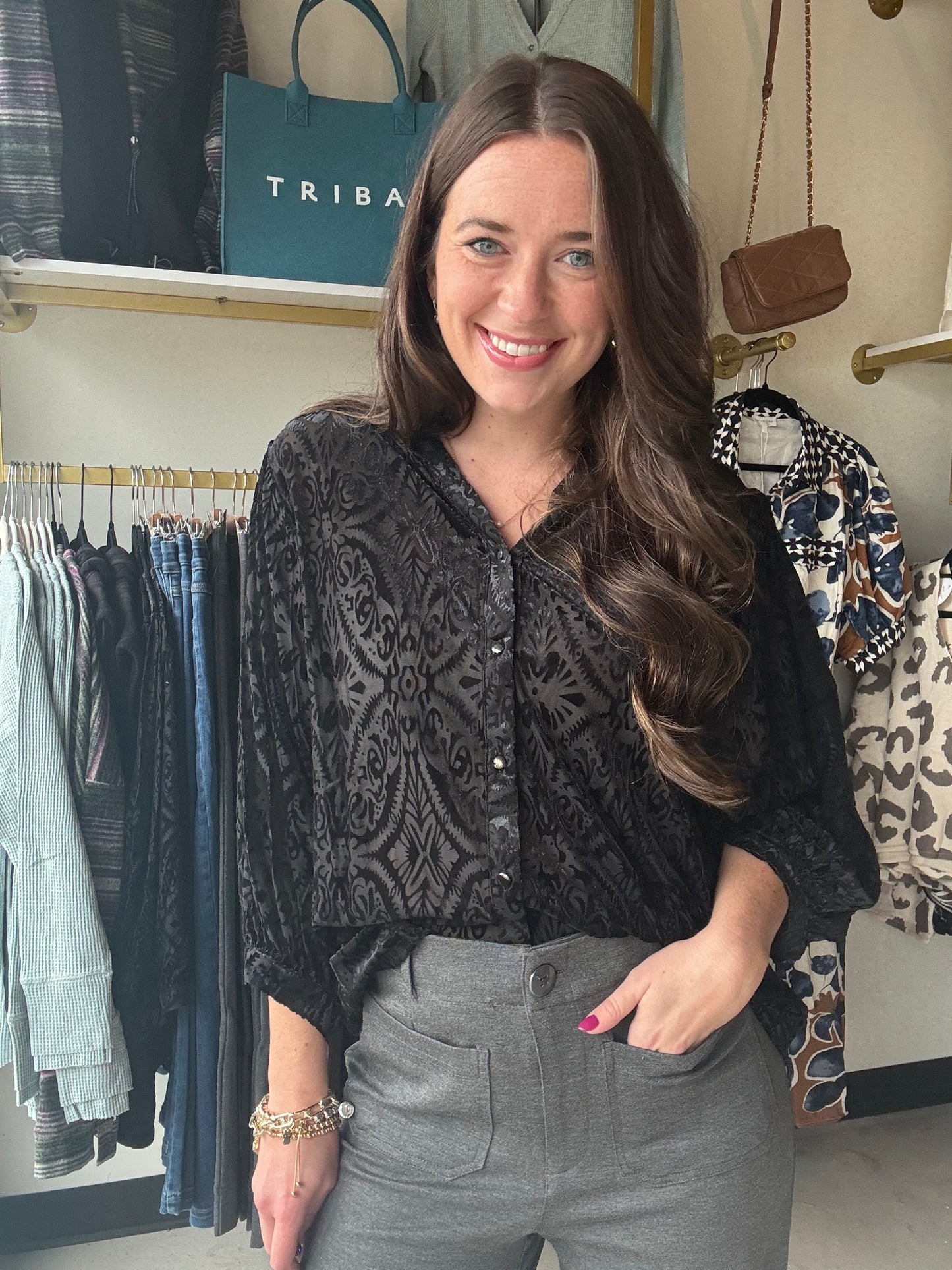Black Burnout Button Top