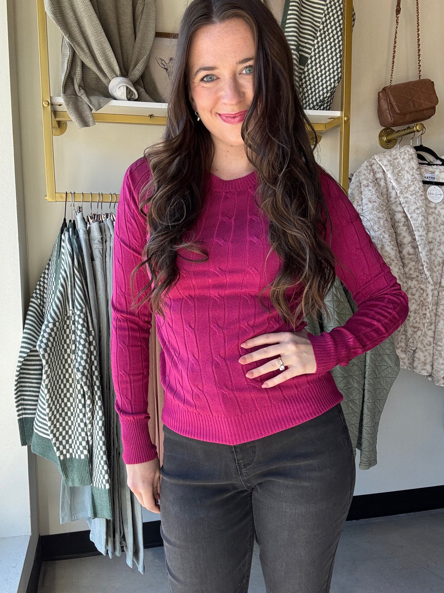 Magenta Cable Knit Crewneck