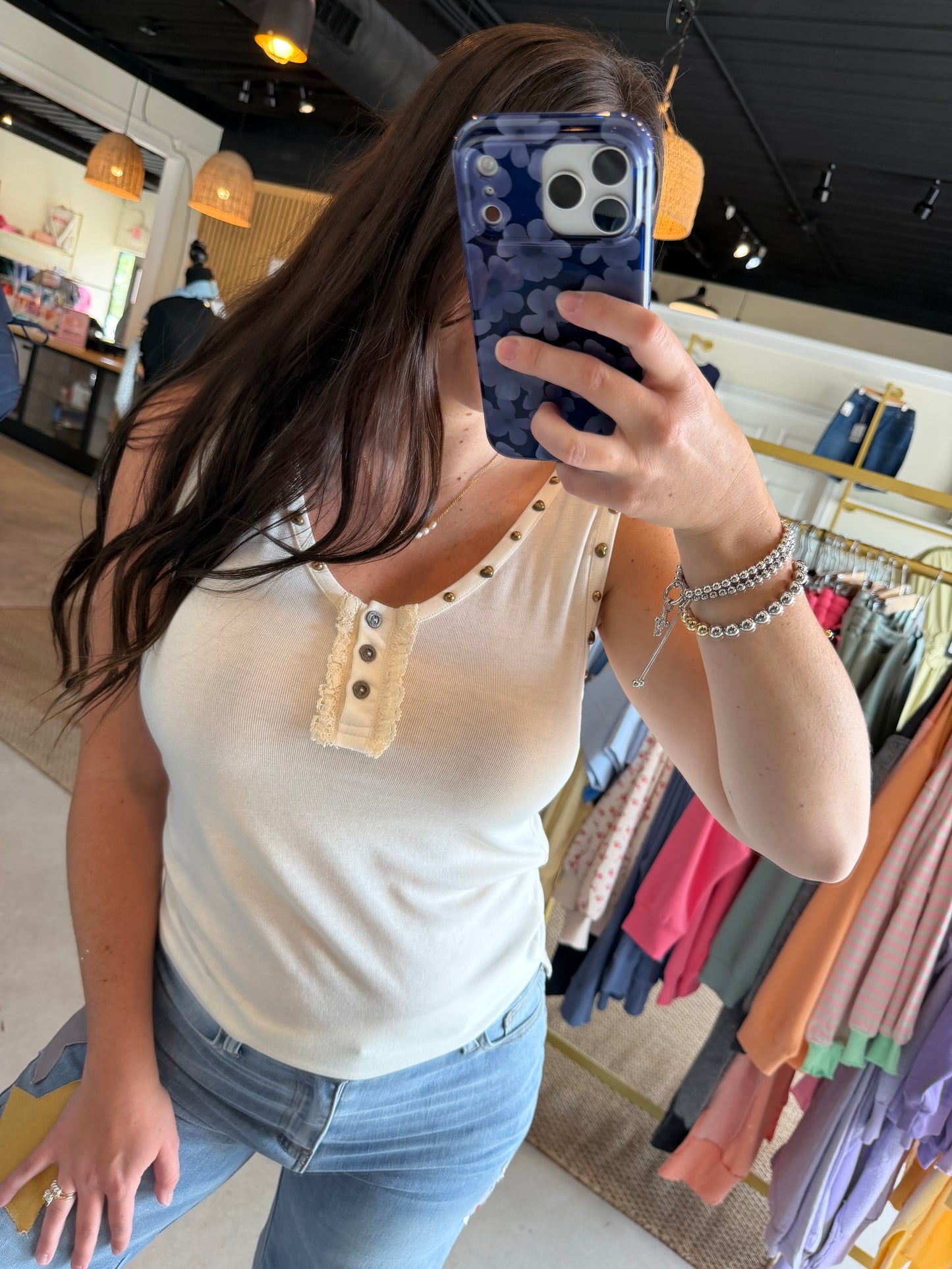 Cream Stud Accent Knit Tank