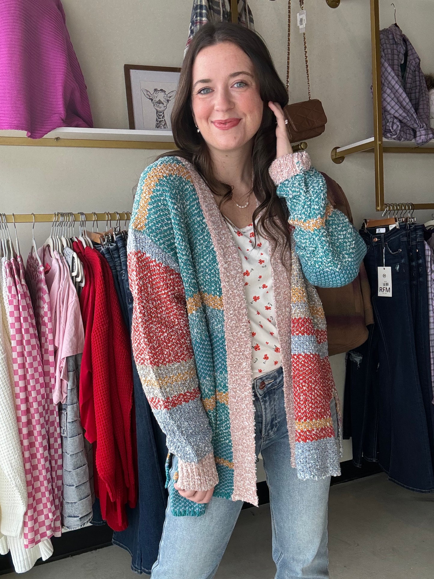 Steel Blue & Coral Block Cardigan