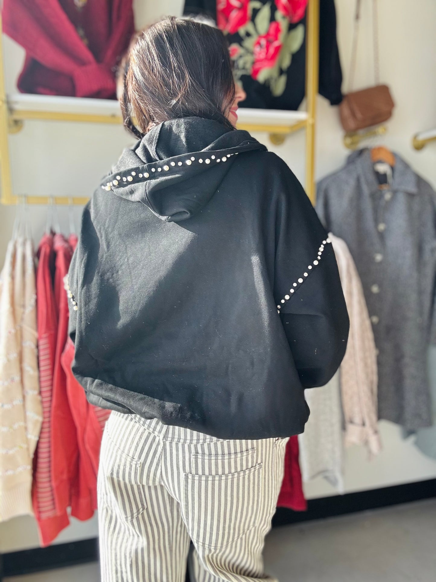 Black Terry Jeweled Half Zip