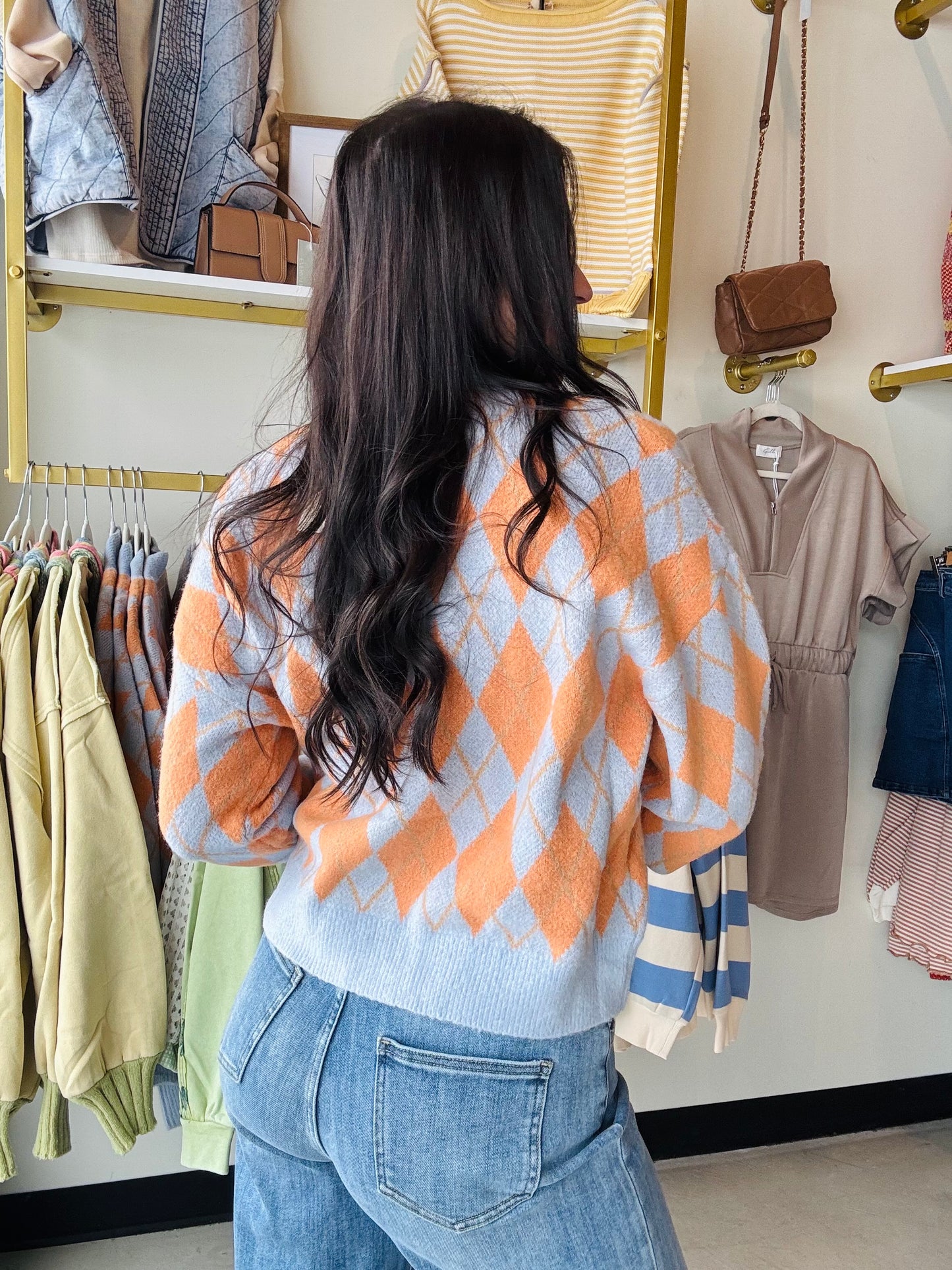 Orange Chambray Argyle Sweater