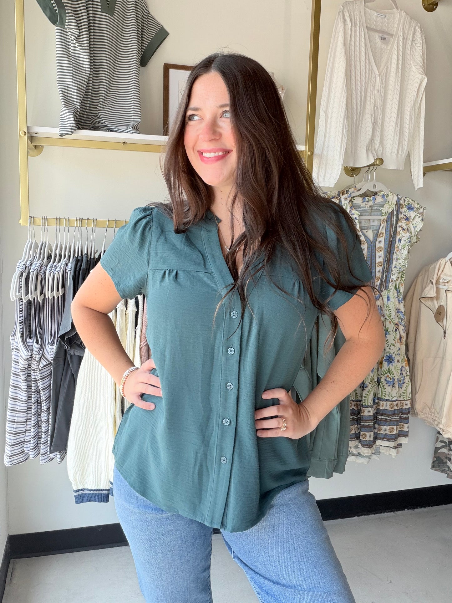Dark Jade Ruffle Sleeve Blouse