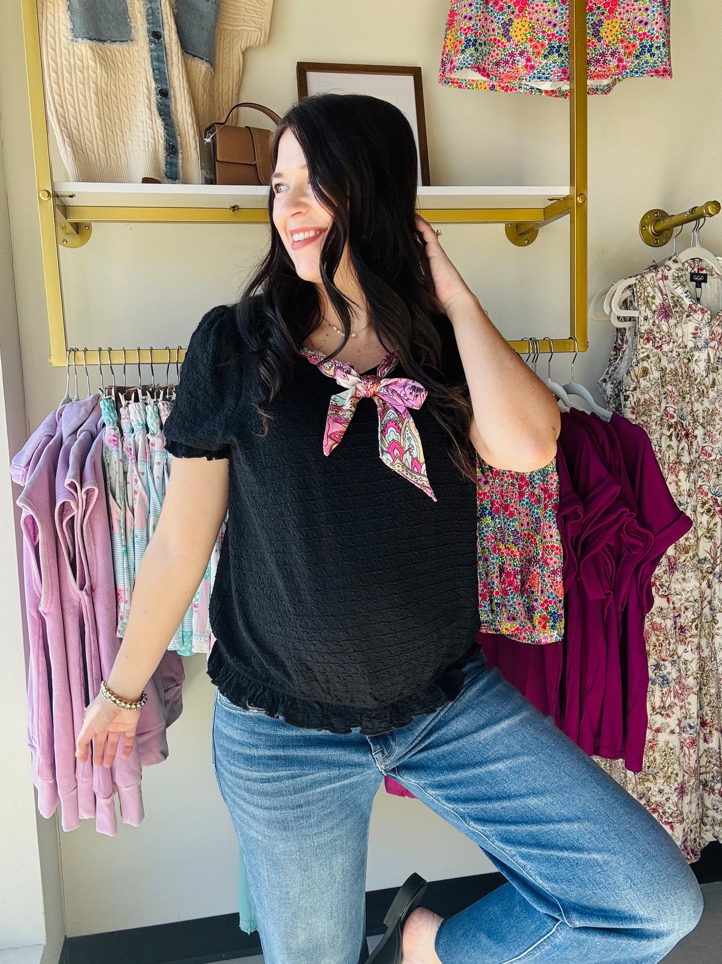 Black Printed Neck Tie Top