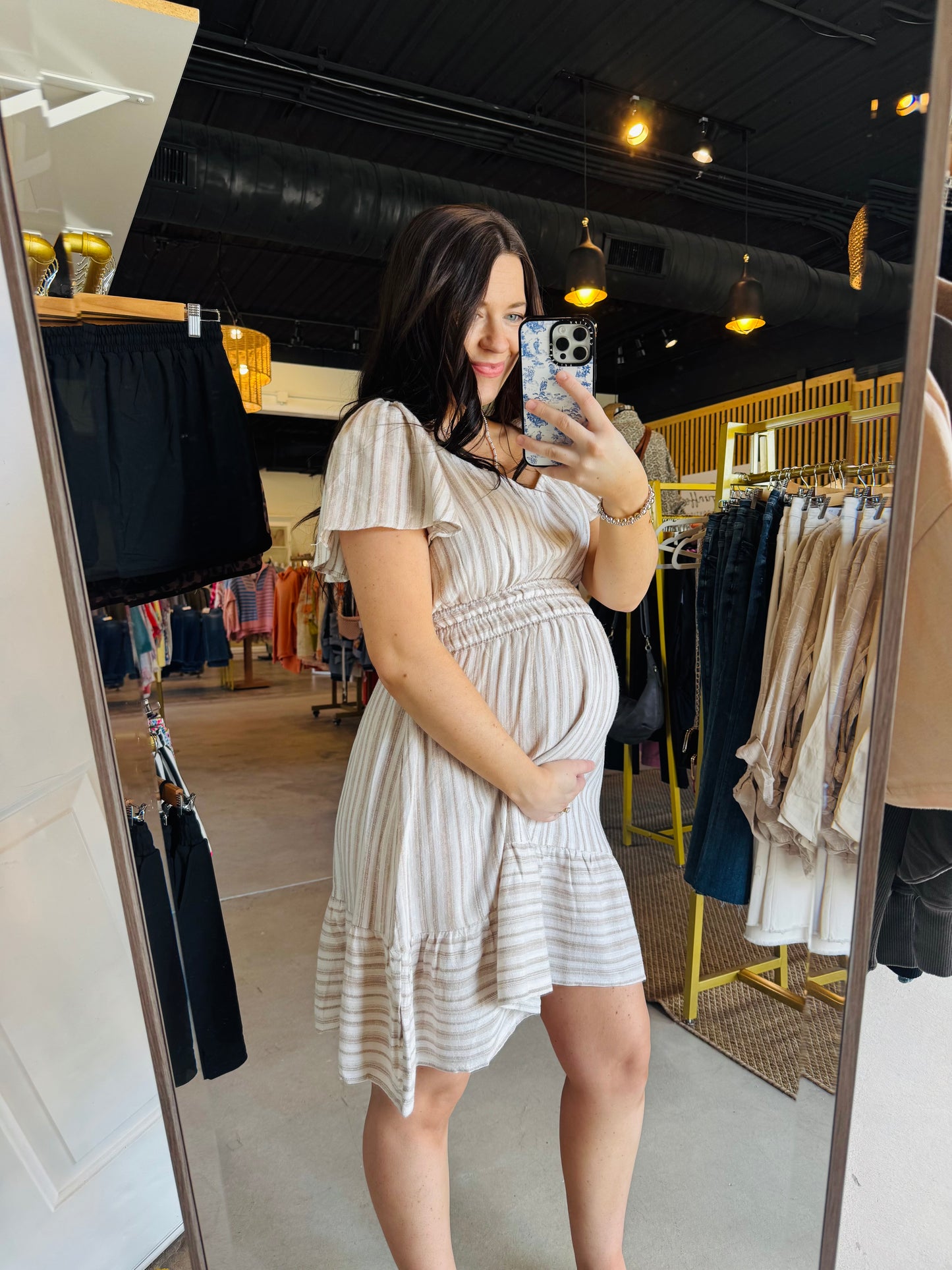 Natural Stripe Flutter Sleeve Dress